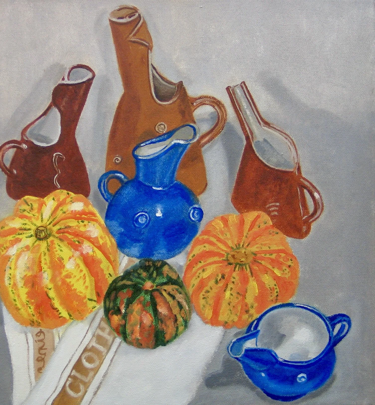 Latest original oil painting by Cy Pawsey. Still life with studio pots and gourds