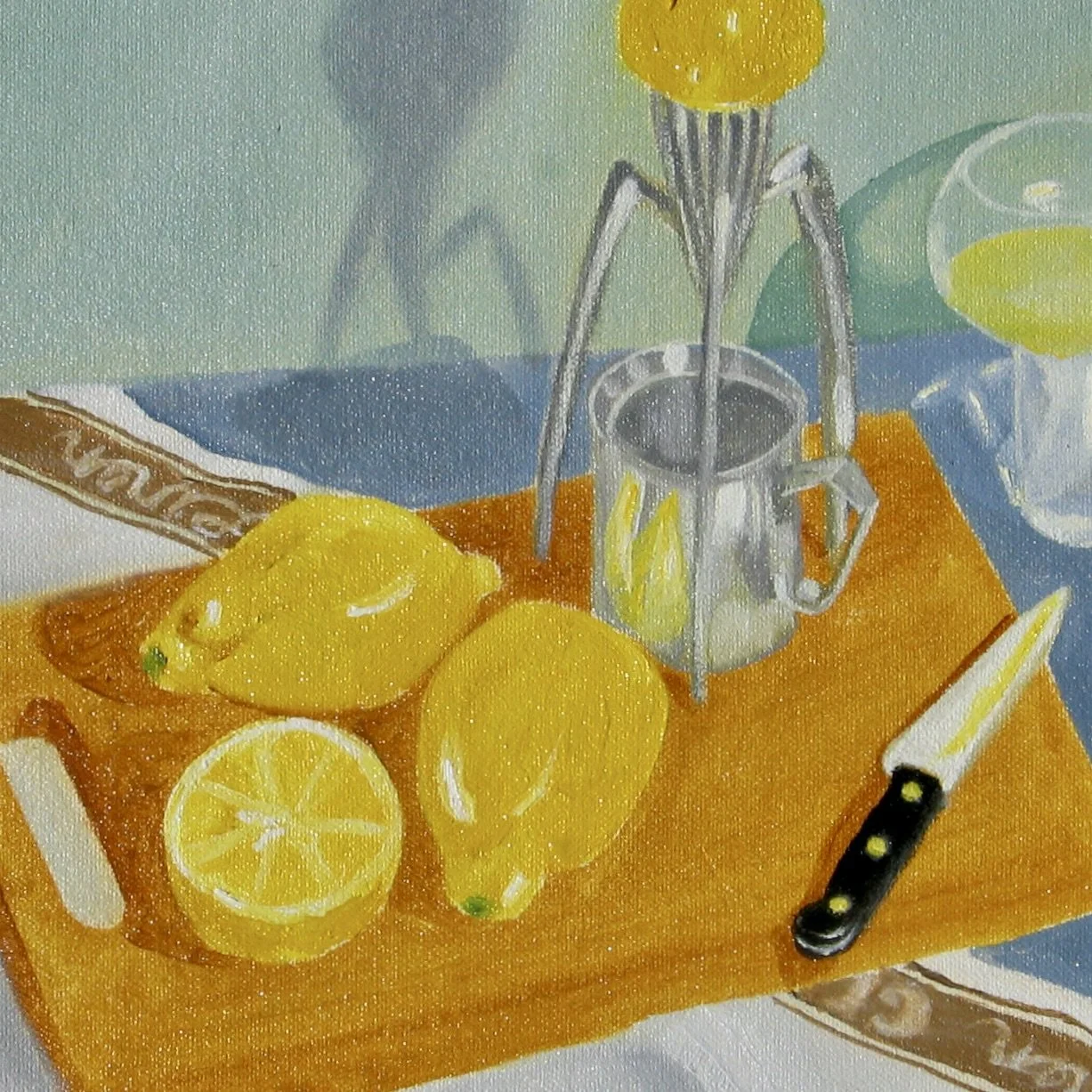 Lemons and squeezer, oil painting detail by Cy Pawsey