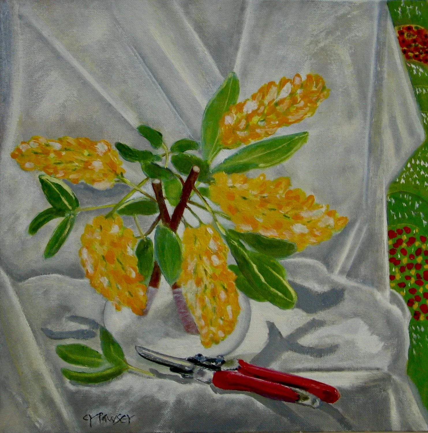 Yellow pineapple broom flowers, oil painting by Cy Pawsey