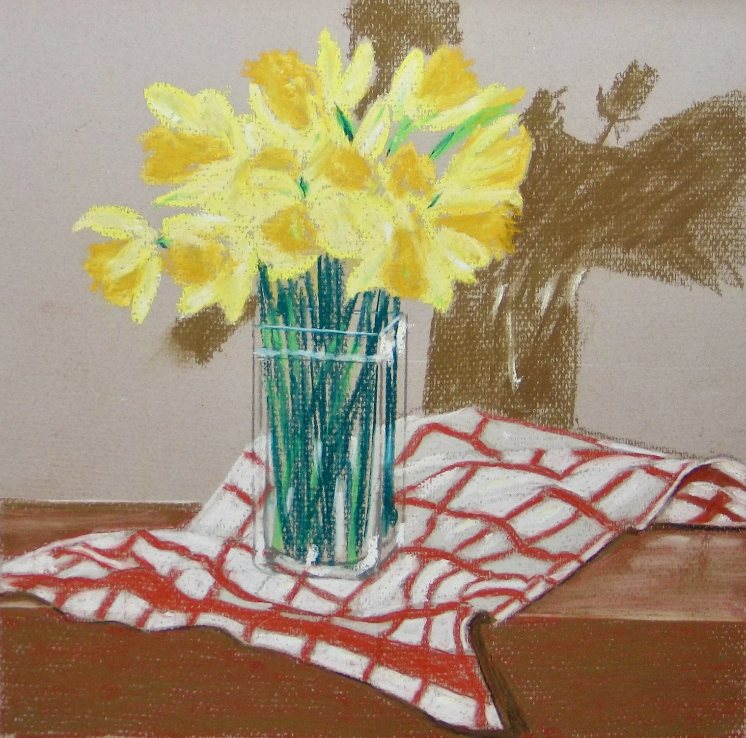 Daffodils in a glass vase pastel painting by Cy Pawsey