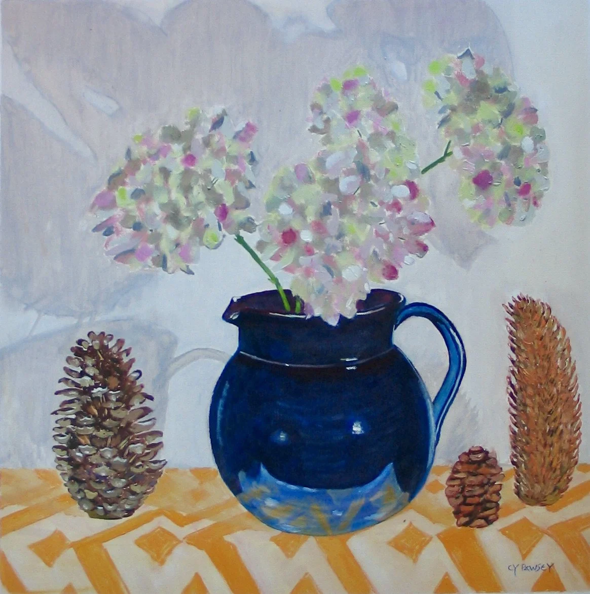 Blue jug with hydrangea flowers, oil painting at galeriecy.com