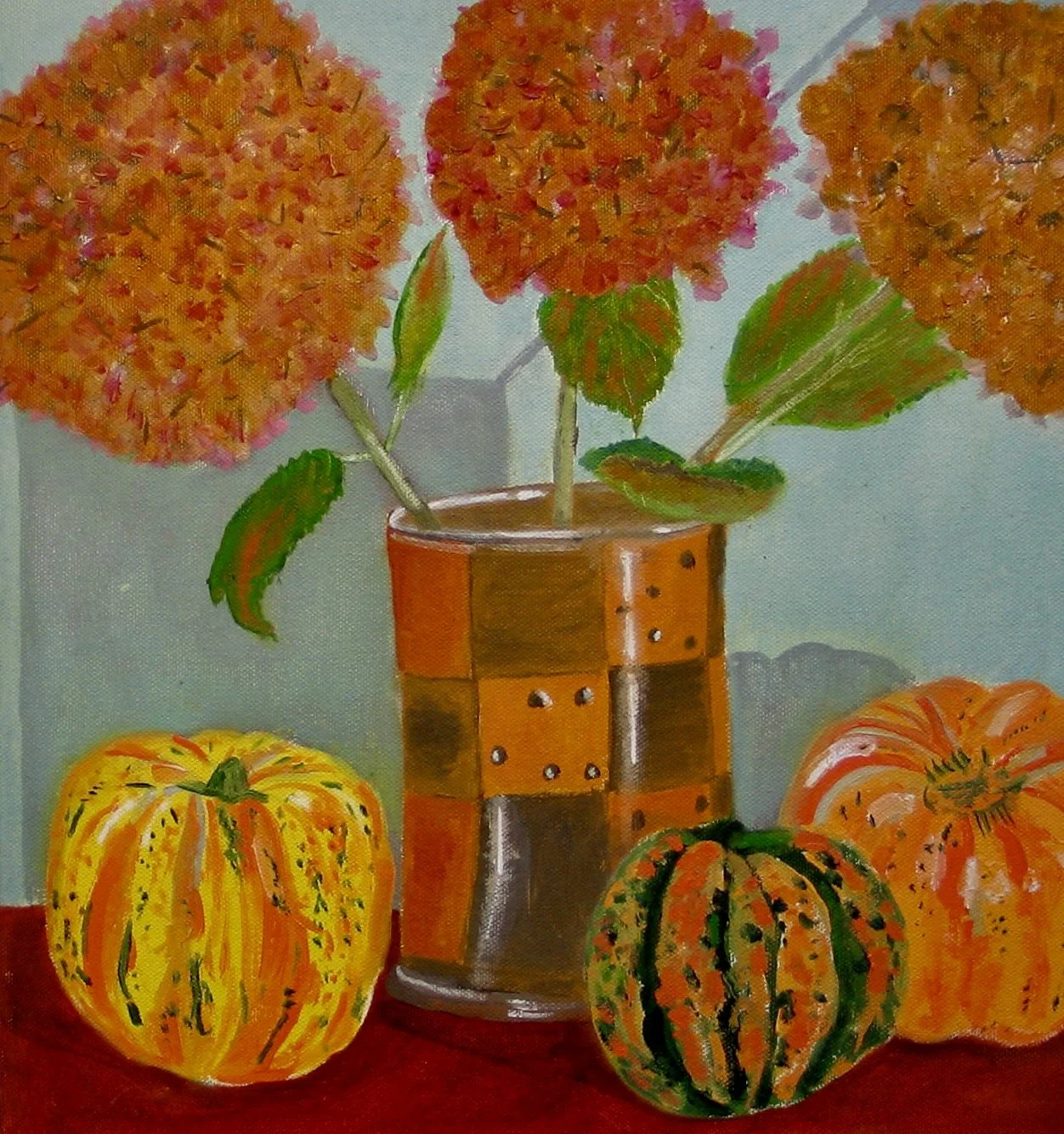 Dried hydrangeas in a painting by Cy Pawsey