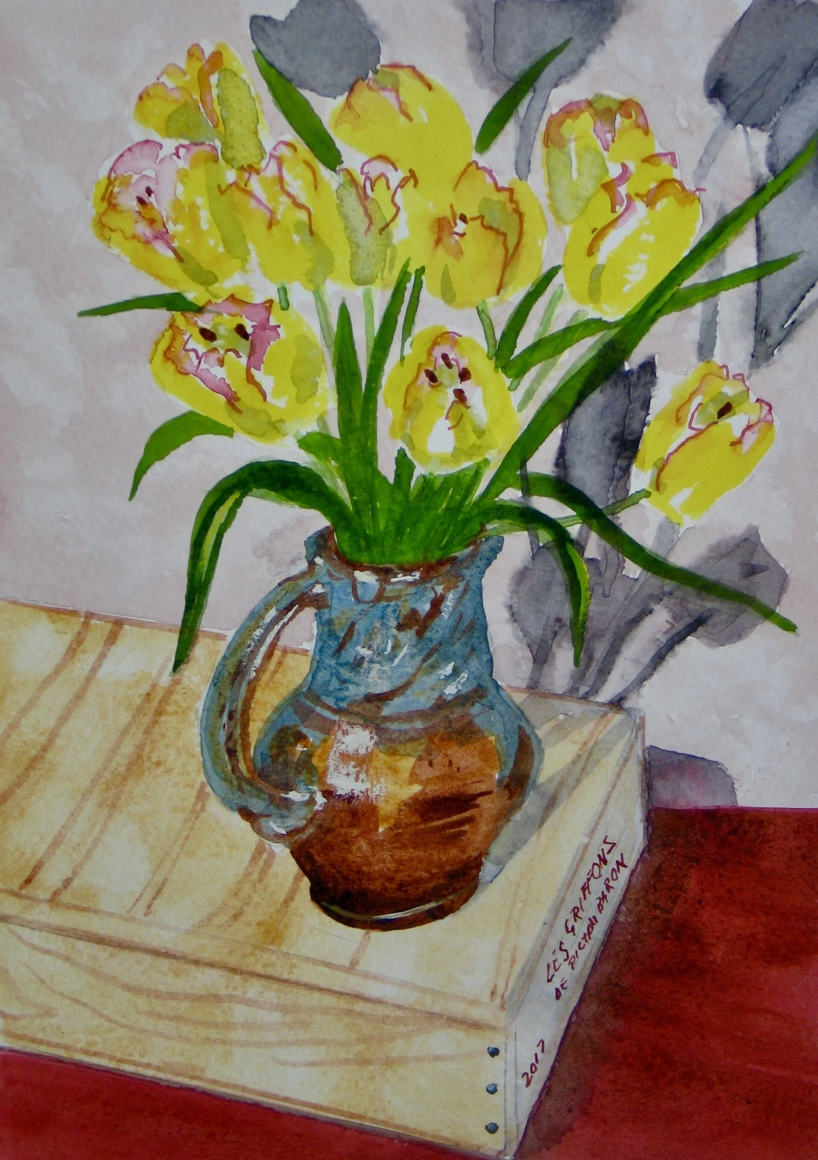 Tulips in a studio jug, watercolour by Cy Pawsey at galeriecy.com