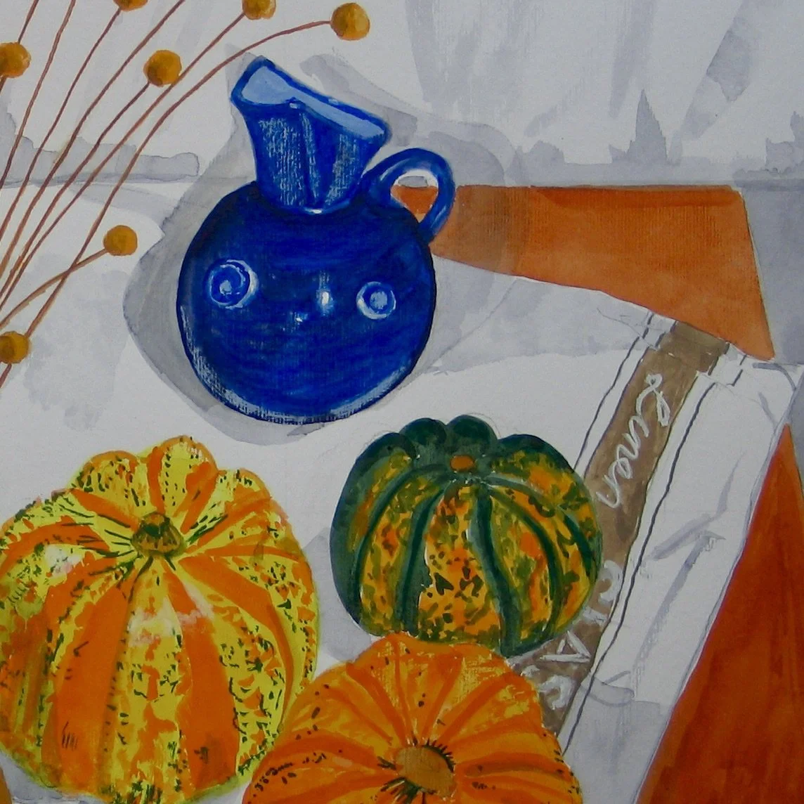 Blue jug with gourds, detail from gouache painting at galeriecy.com