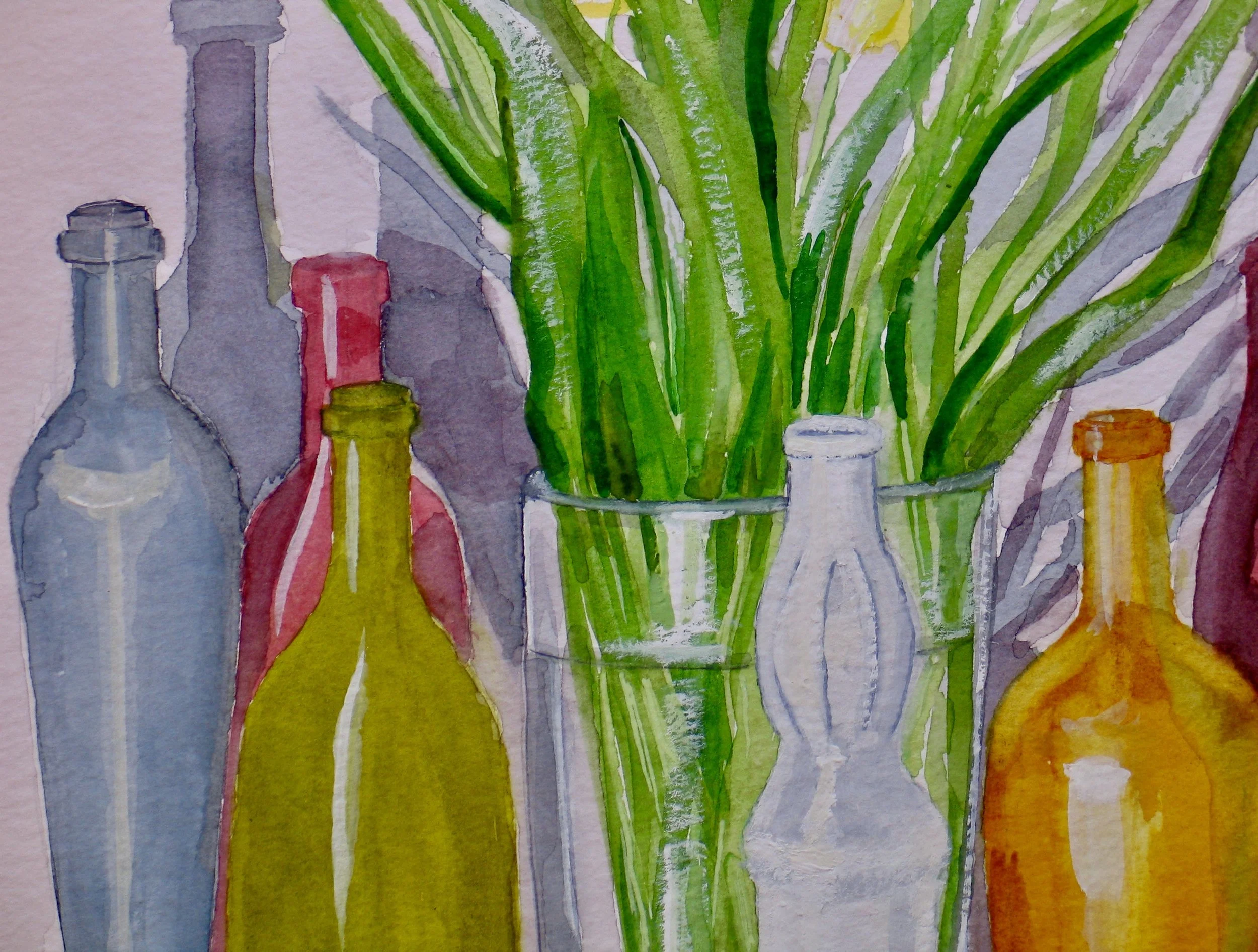detail from watercolour painting of tulips and bottle by Cy Pawsey