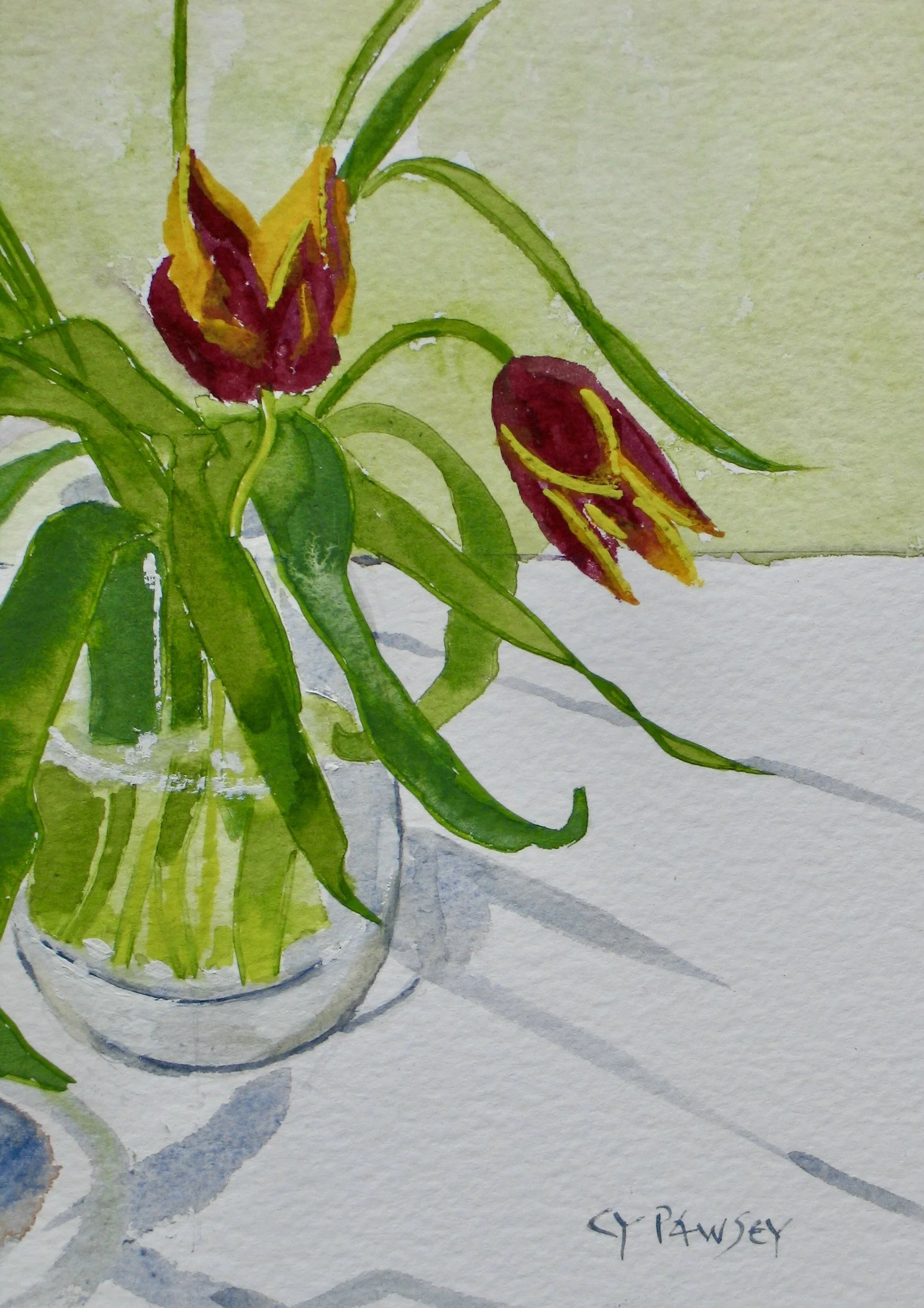 Seven tulips watercolour painting available at galeriecy.com