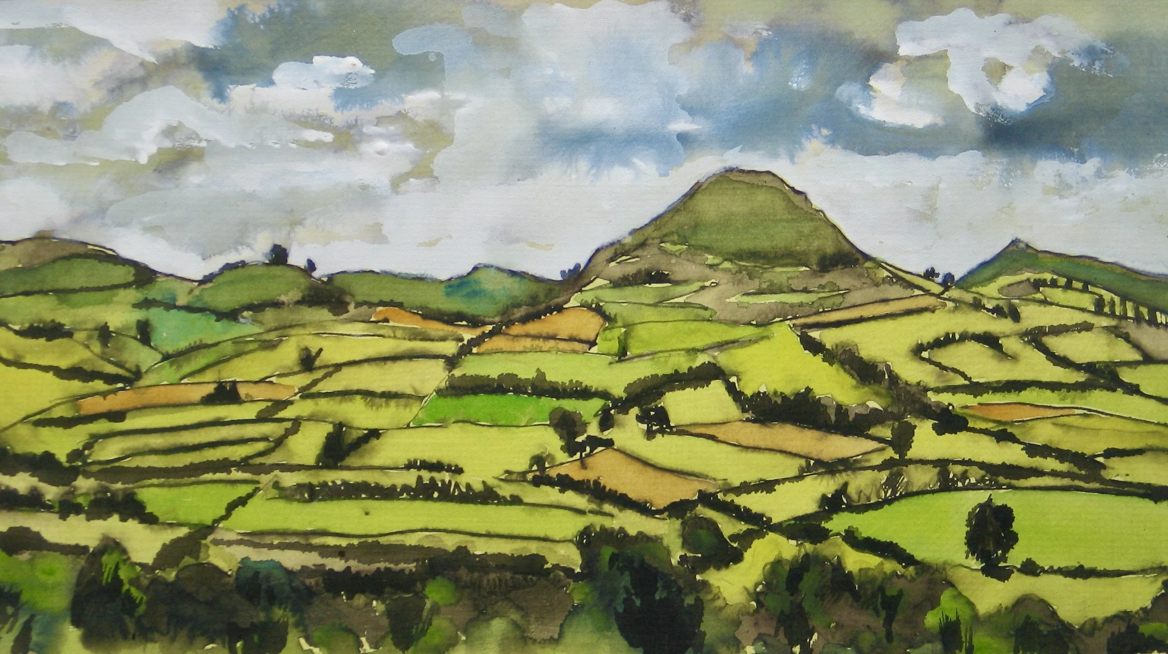 View south from Bronllys, Wales - ink drawing