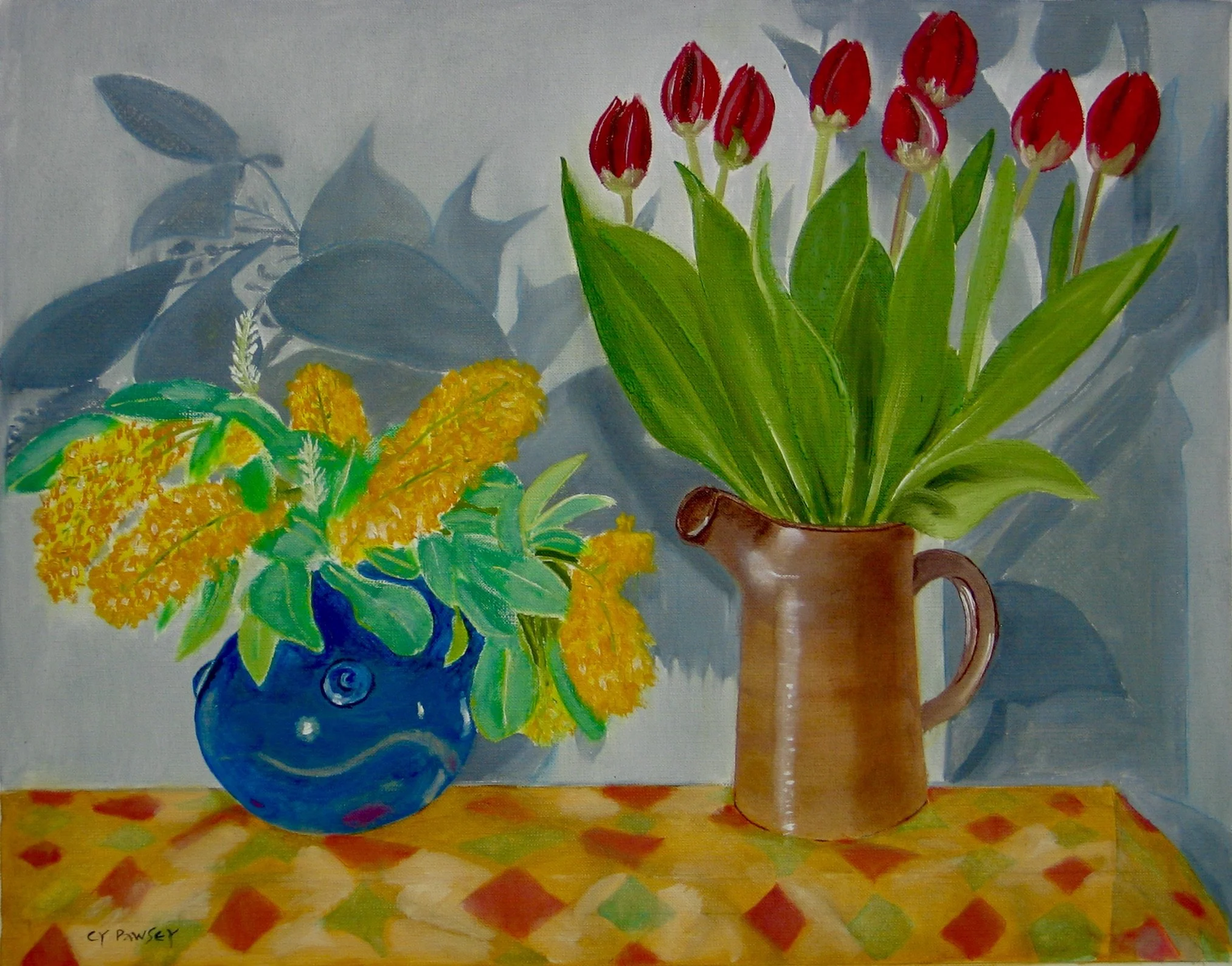 Tulips and pineapple broom flowers in studio pots by Cy Pawsey