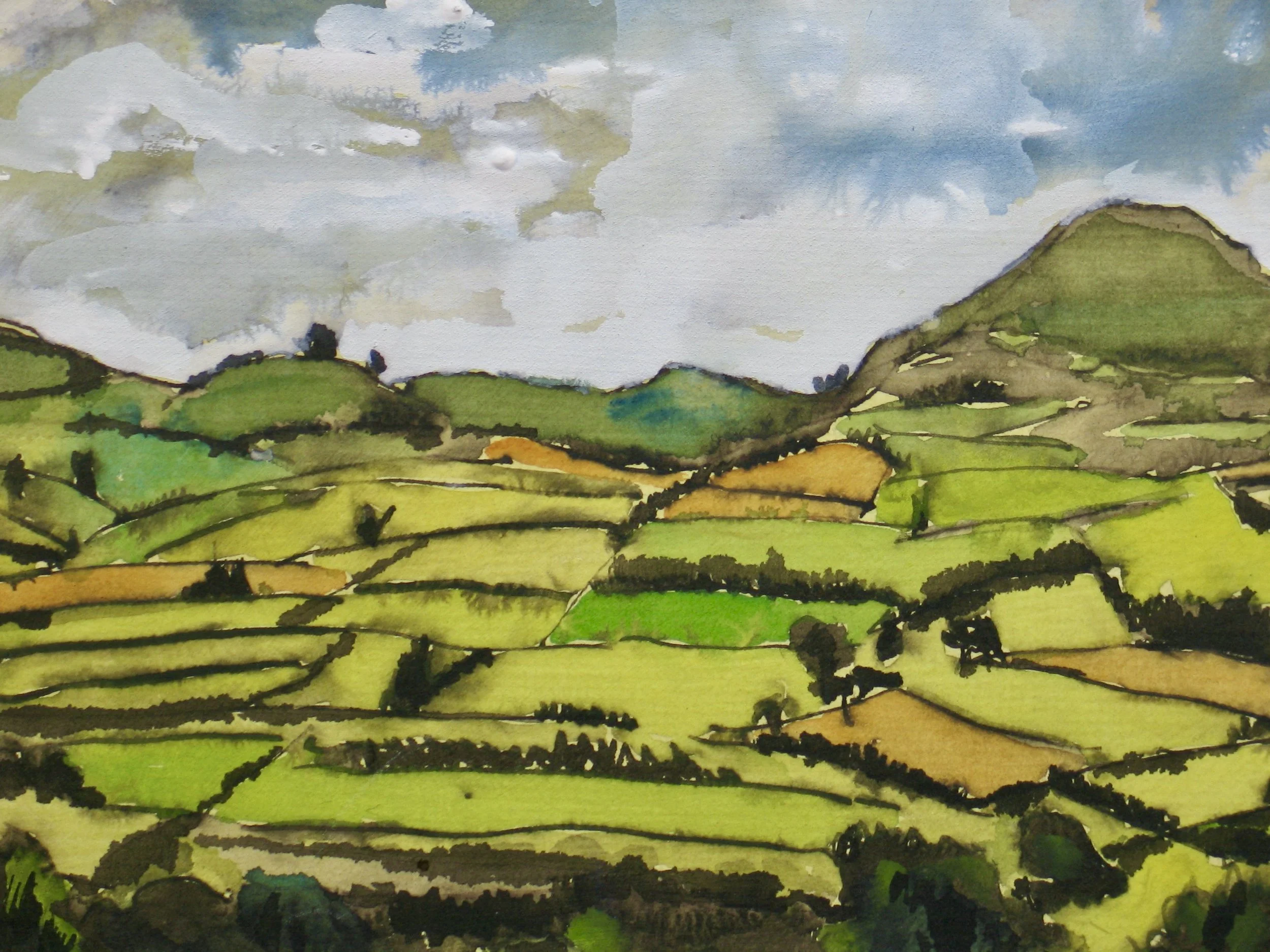 View towards the Brecon Beacons, detail from an ink drawing by Cy Pawsey