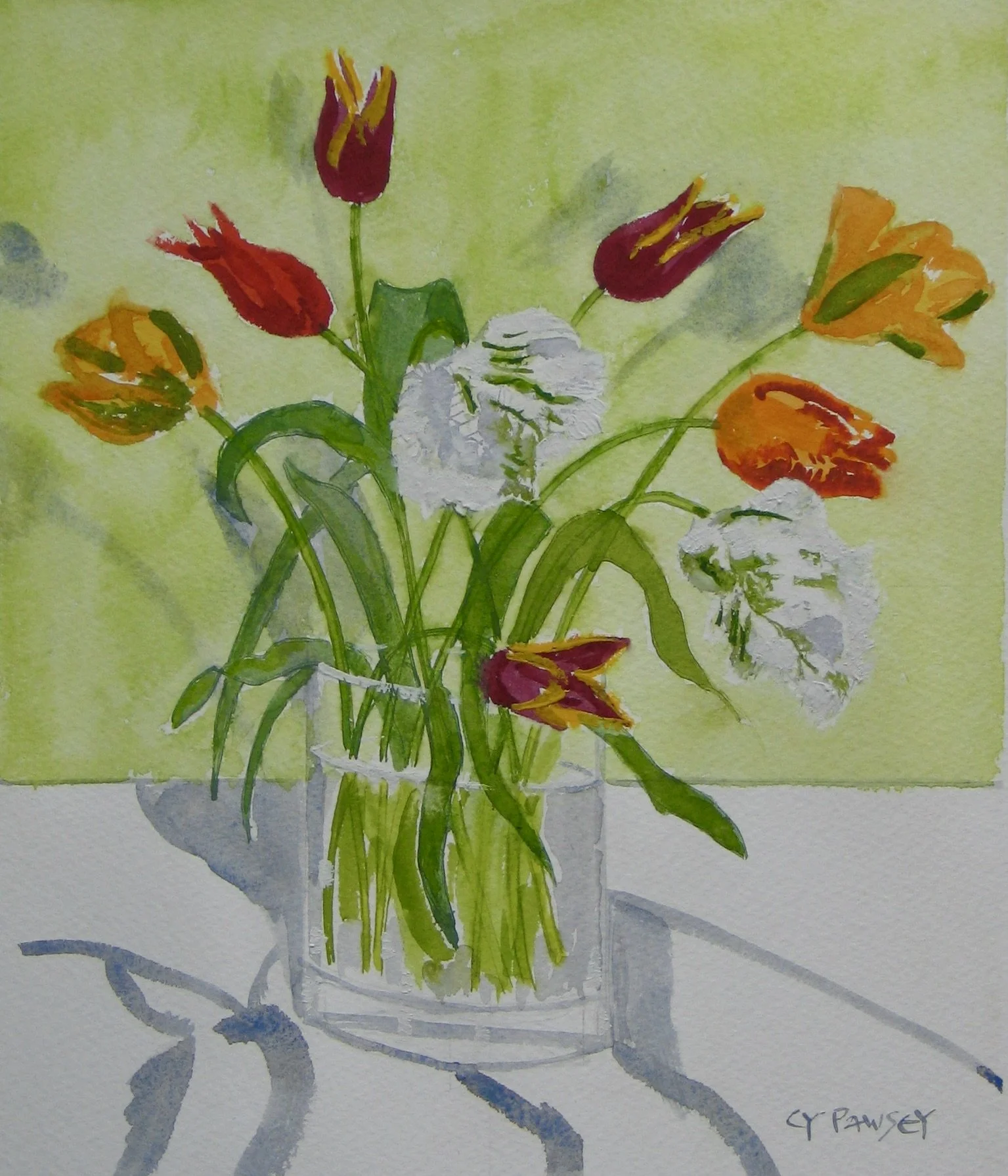 Tulips watercolour painting by Cy Pawsey for sale at galeriecy.com