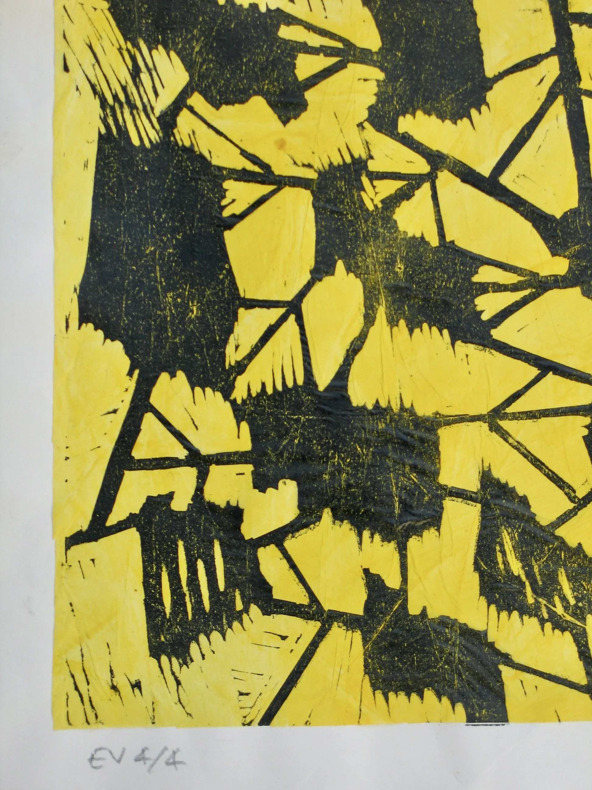Yellow and black linocut print, detail