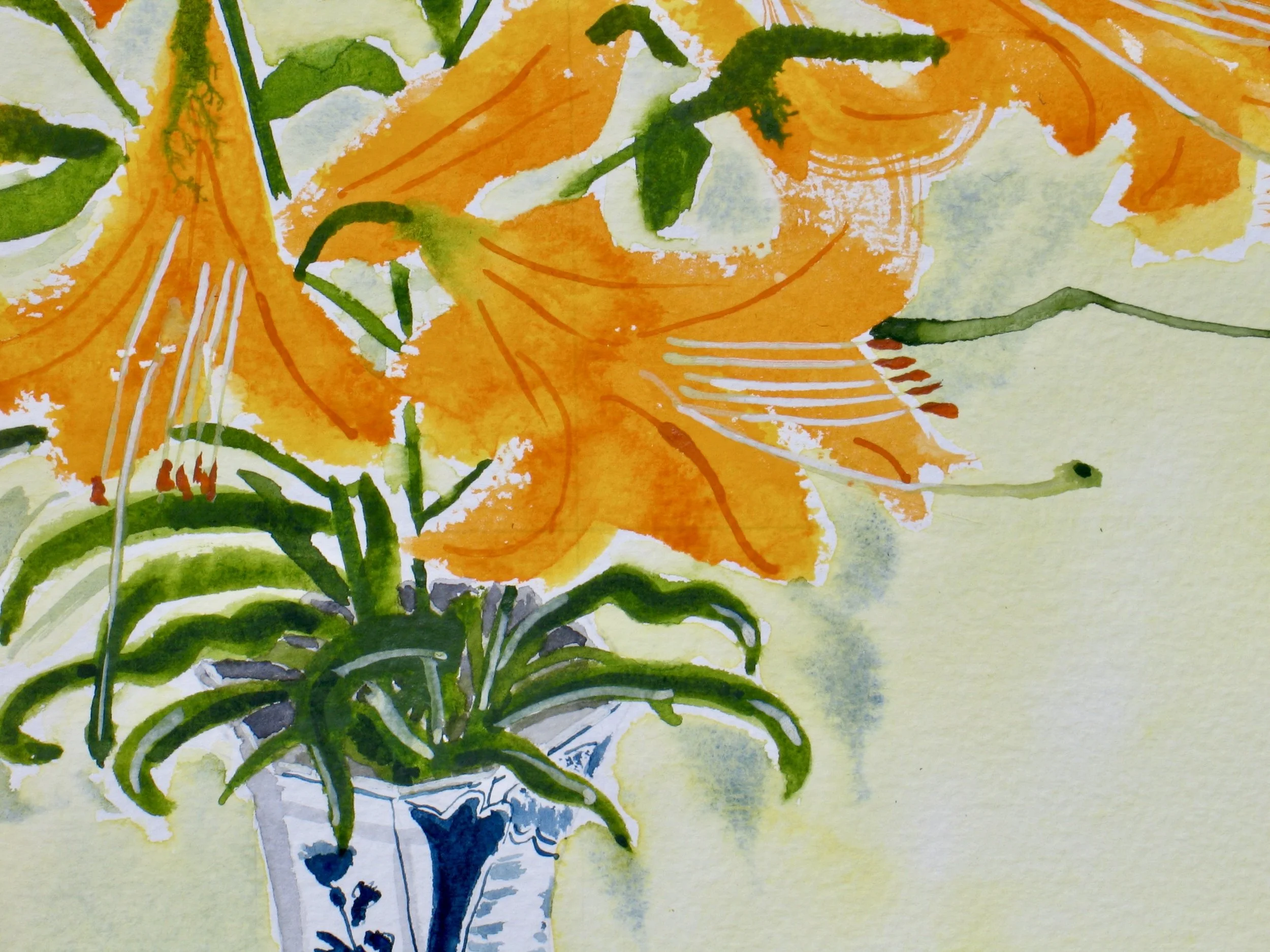 Lilies in a vase, watercolour detail
