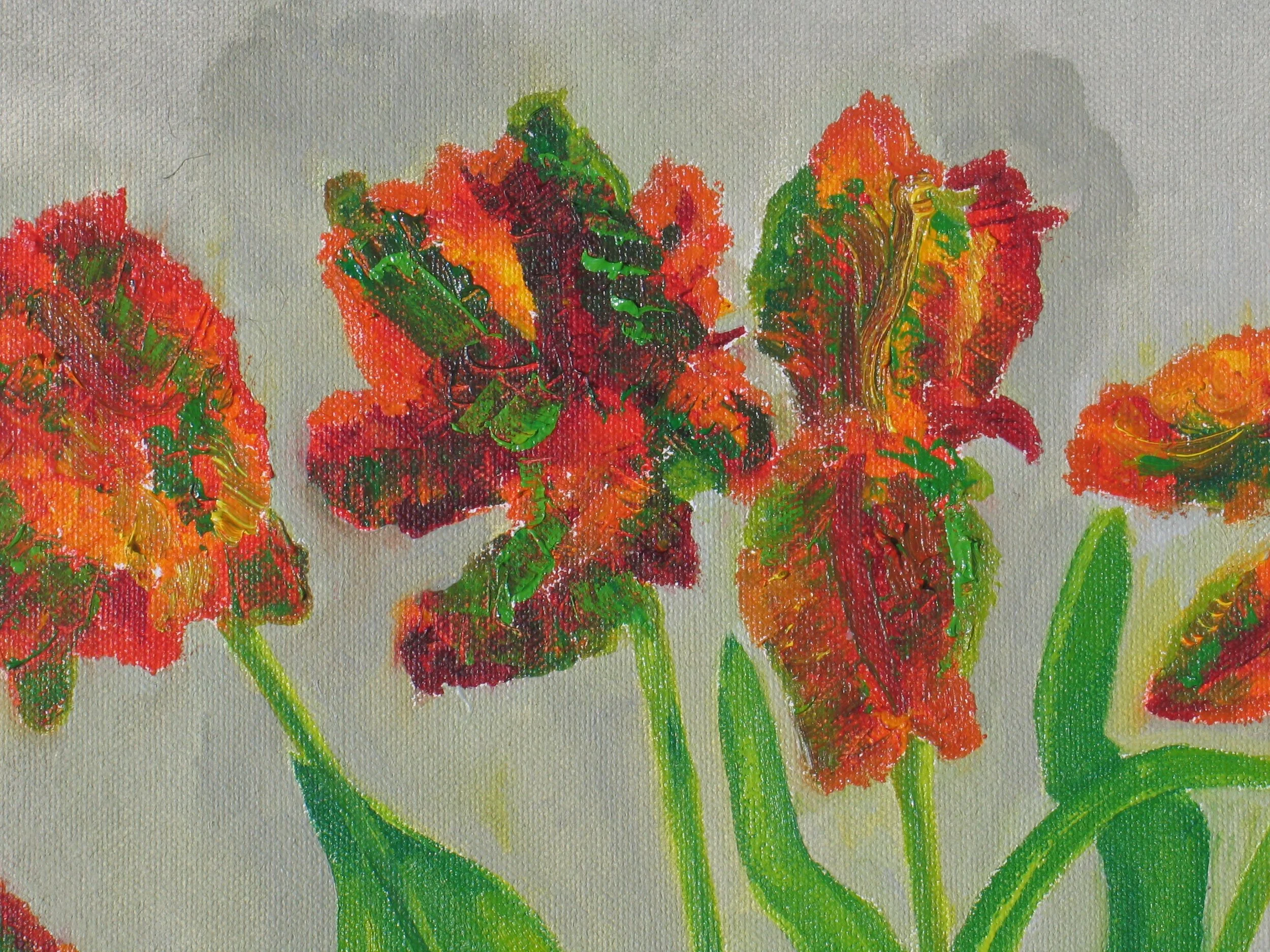 Tulips in a garden pot, detail from a square format oil painting by Cy Pawsey