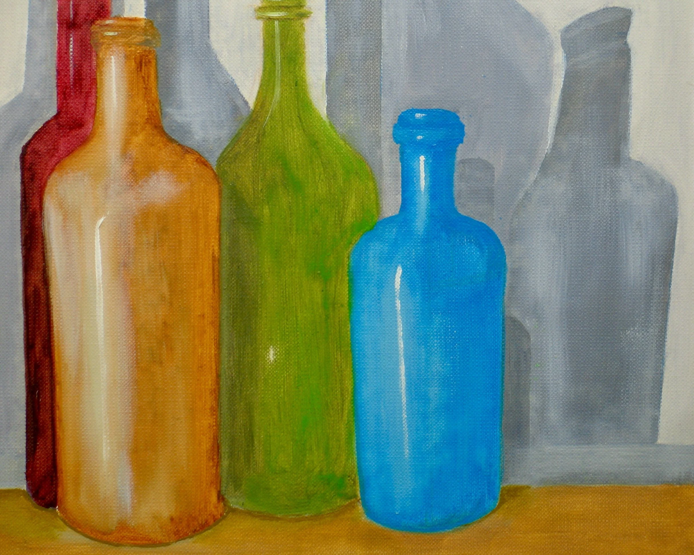 Bottle forms and shadows oil painting, detail
