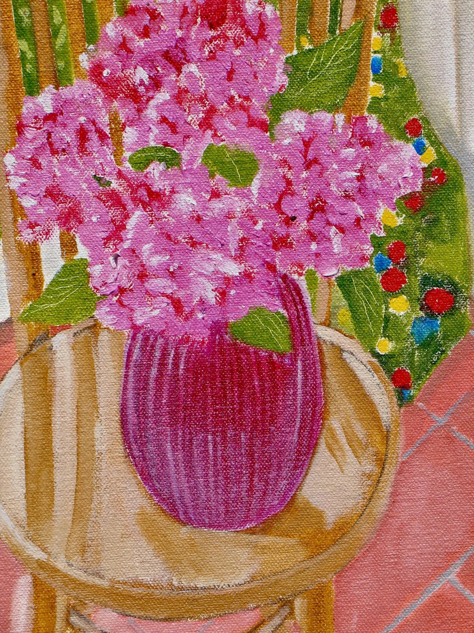 Bentwood chair with vase of flowers backlit in the studio, detail