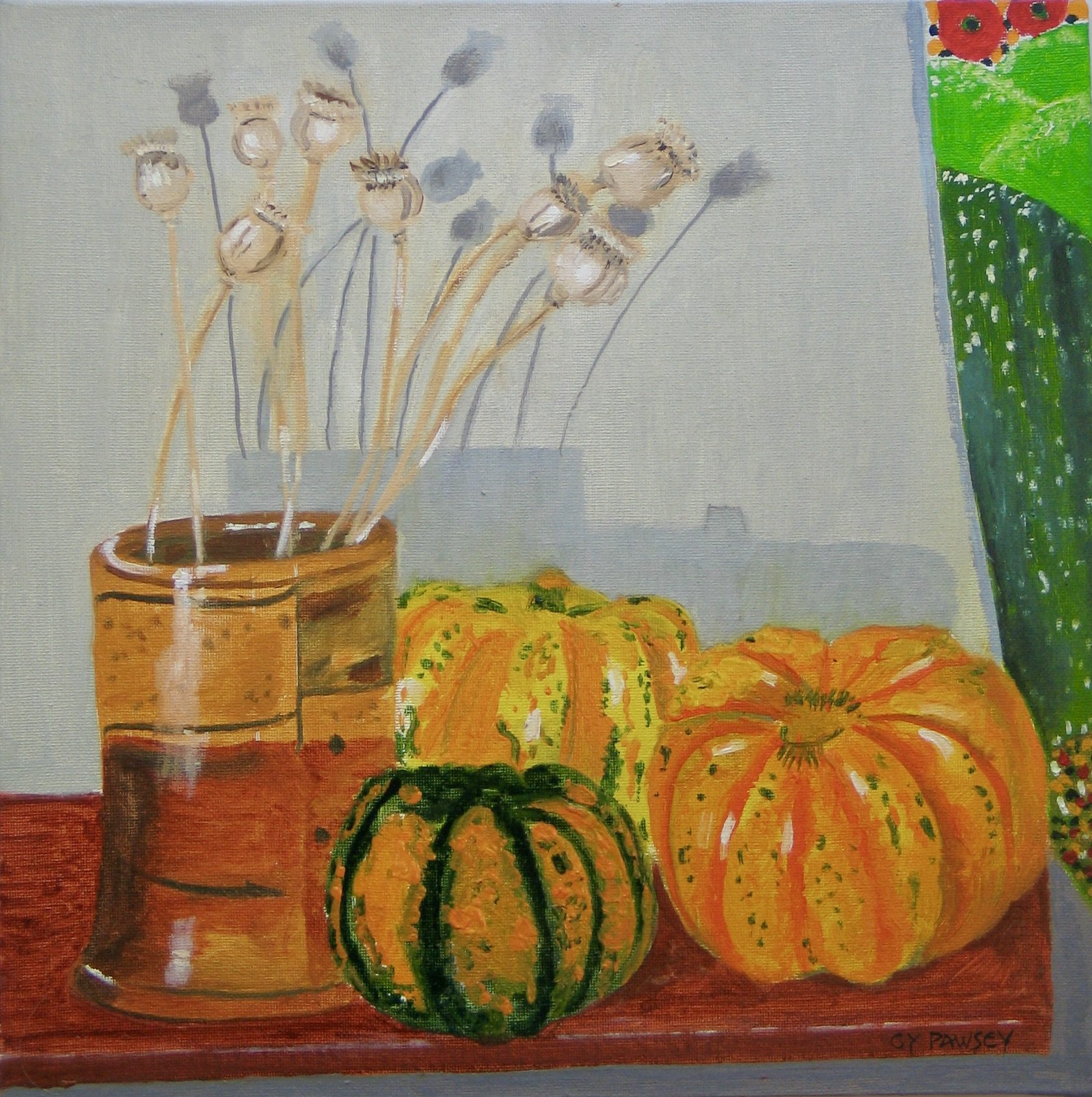 Slab-built vase with poppy seed-heads and three colourful gourds
