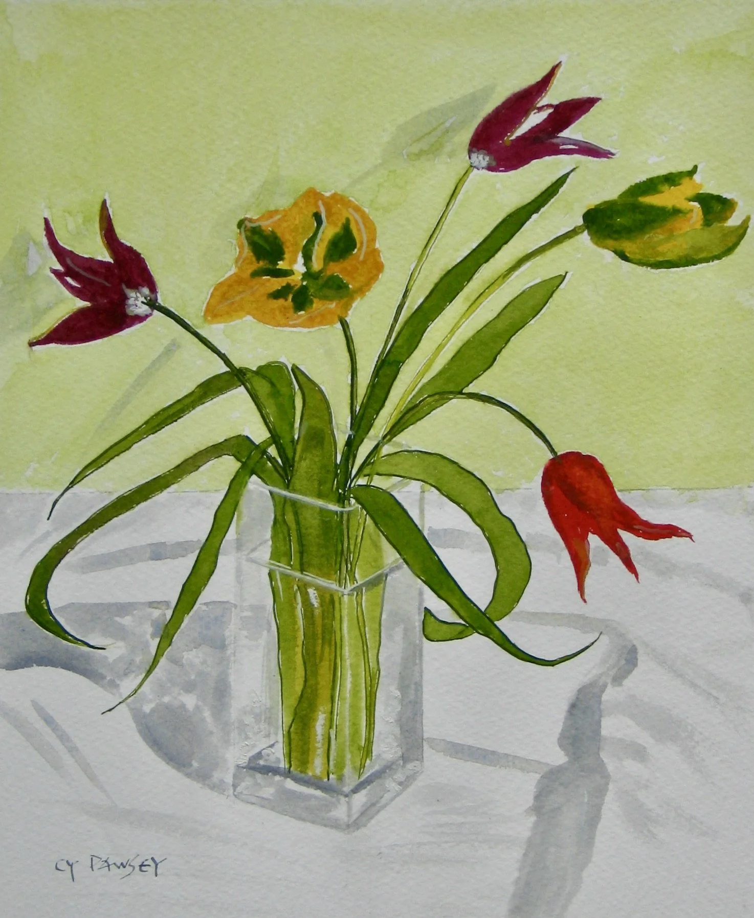 Tulips in a glass vase, watercolour painting by Cy Pawsey