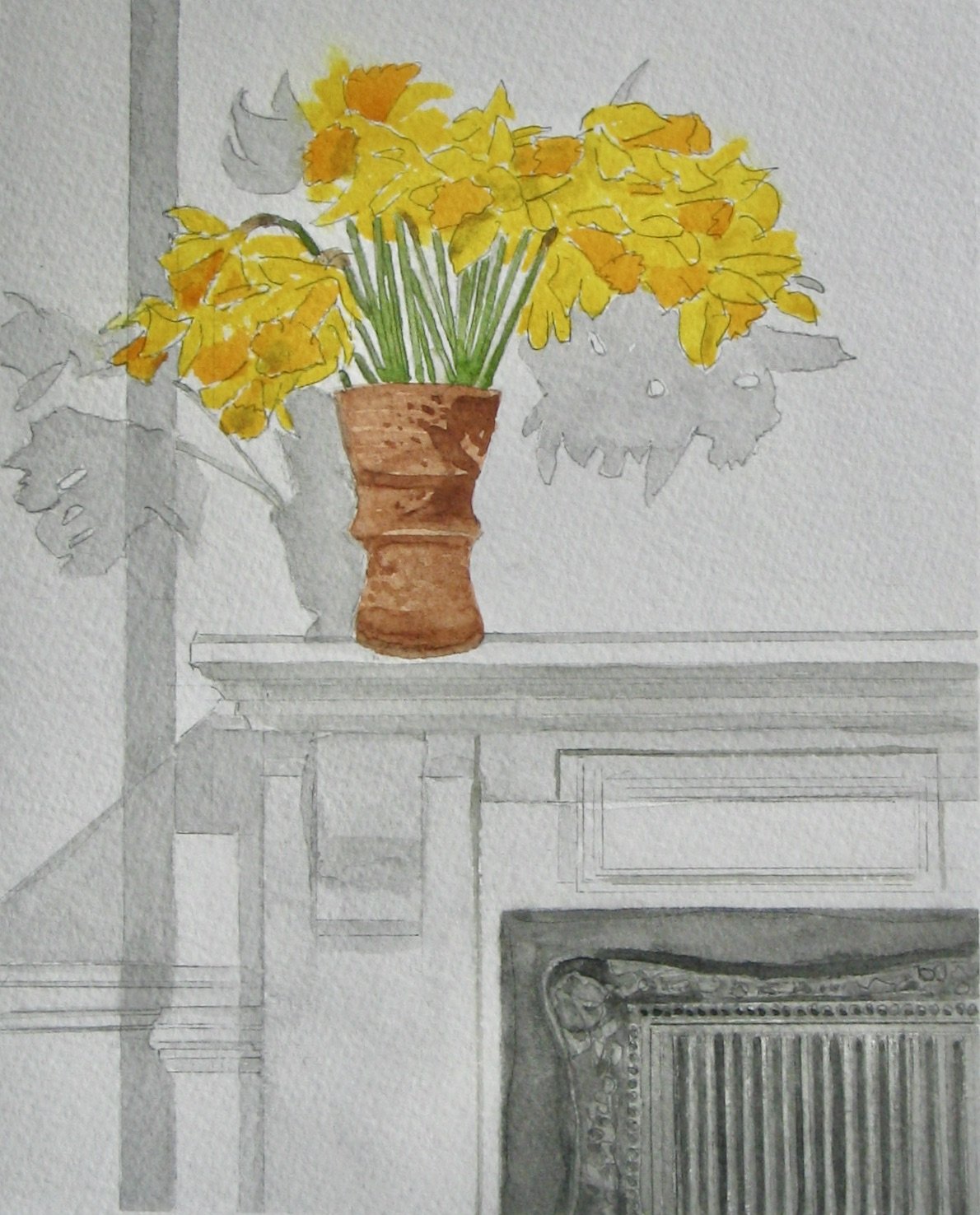 Daffodils on a mantelpiece by Cy Pawsey, watercolour painting