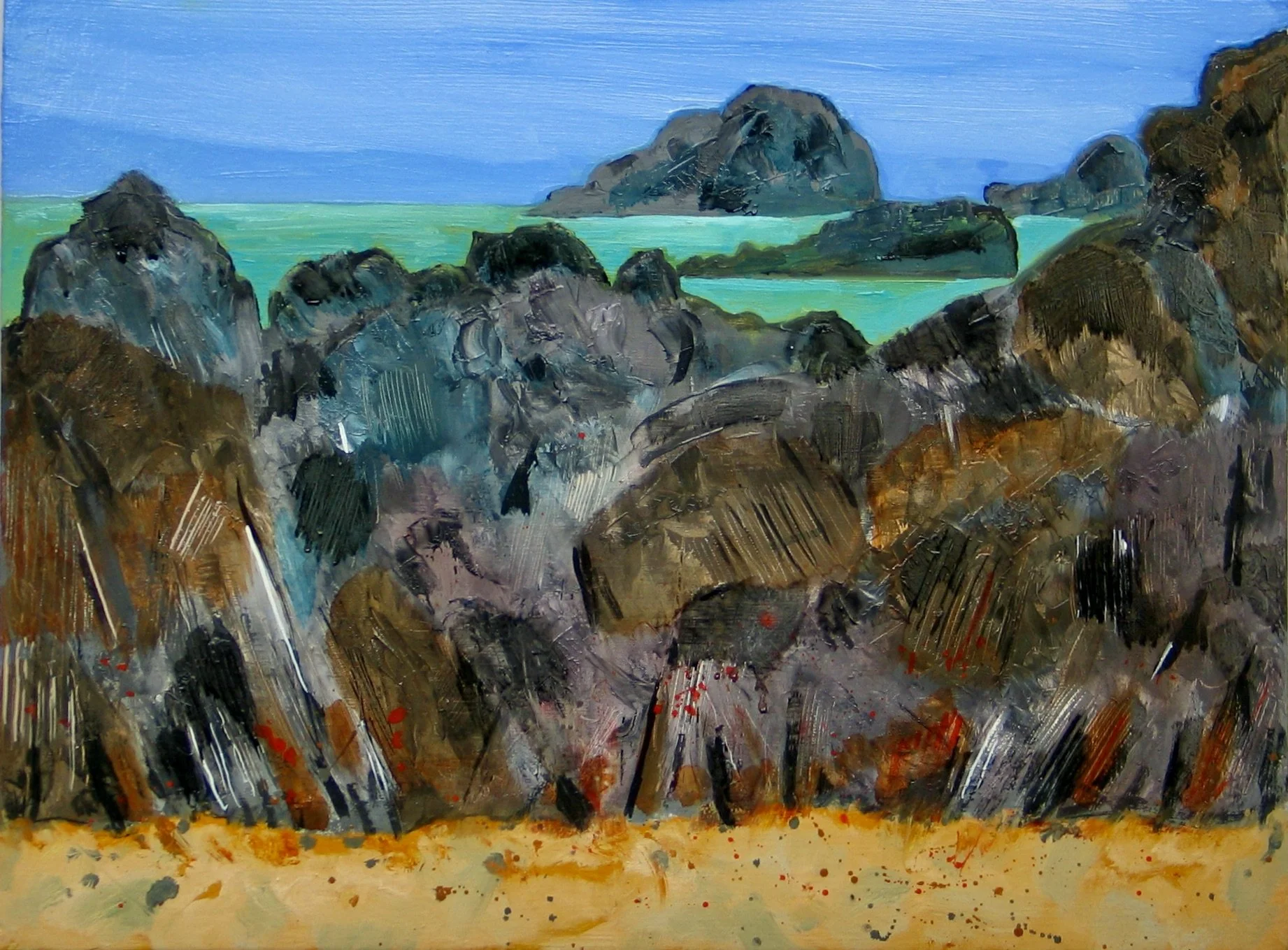 Traeth Llyfn rocks looking out to sea. Original Pembrokeshire painting by Cy Pawsey
