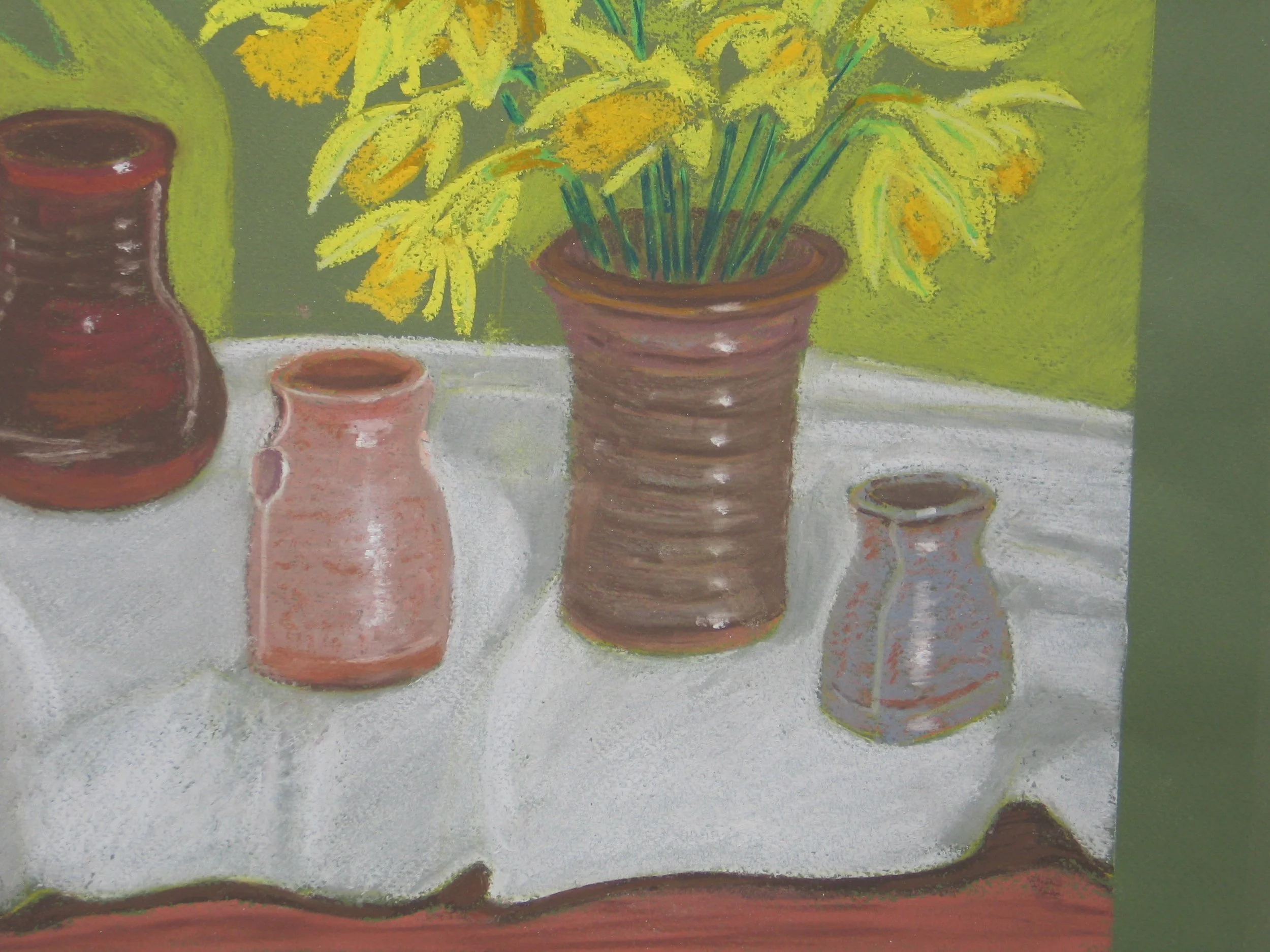 Studio pots in soft pastel, detail