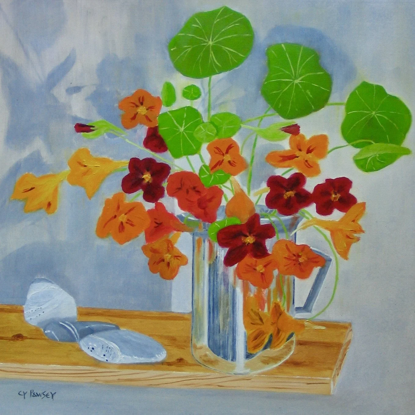 Nasturtiums in a jug - oil painting by Cy Pawsey