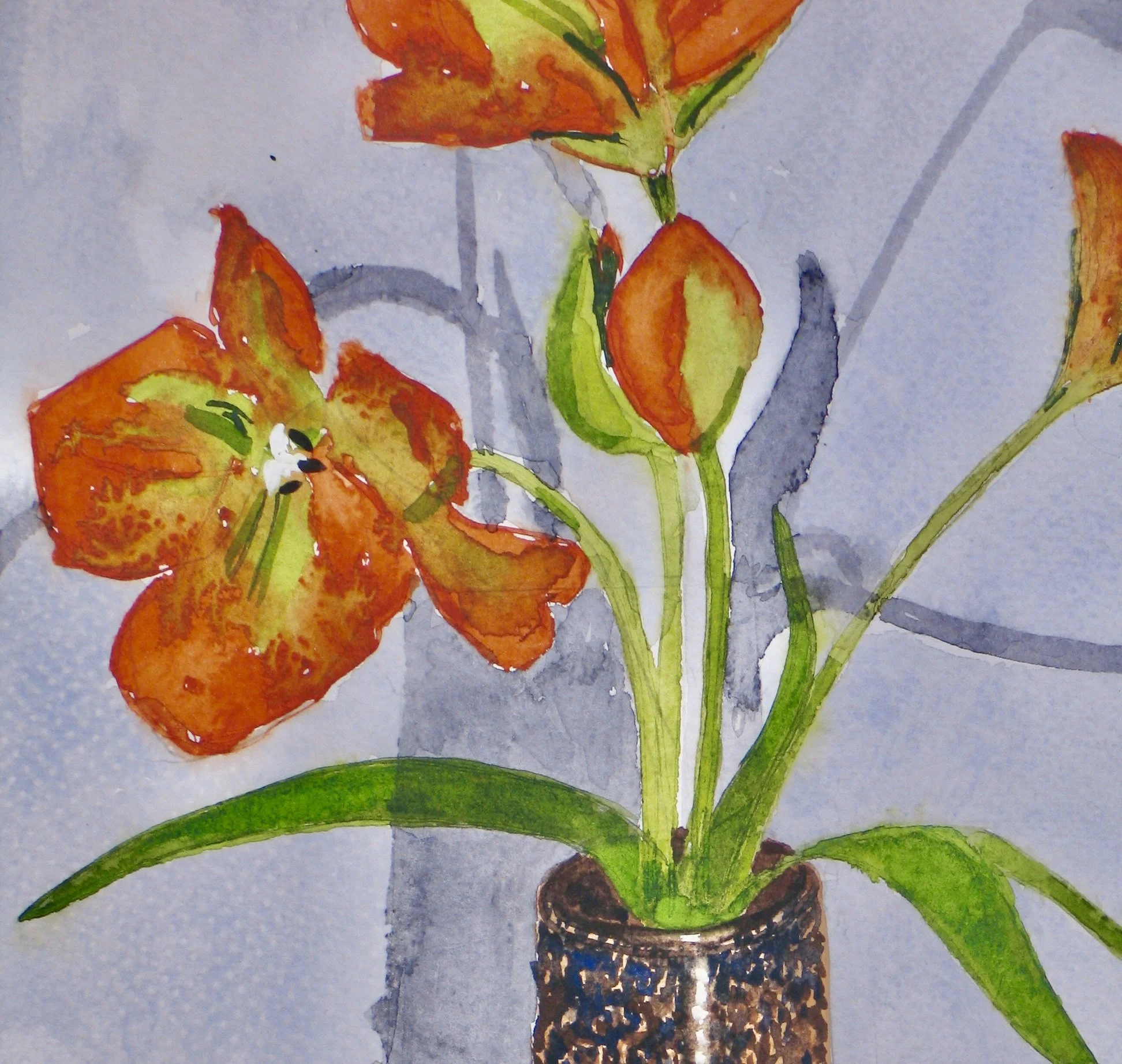 Studio vase with tulips, watercolour detail