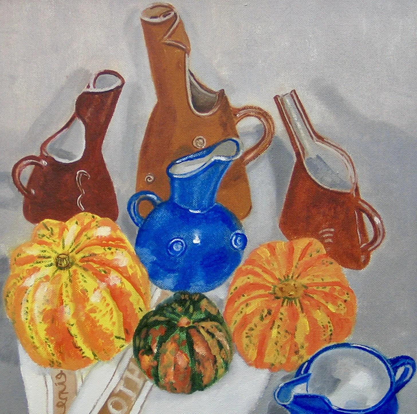 Cy Pawsey original oil painting with studio jugs by Sheila Casson