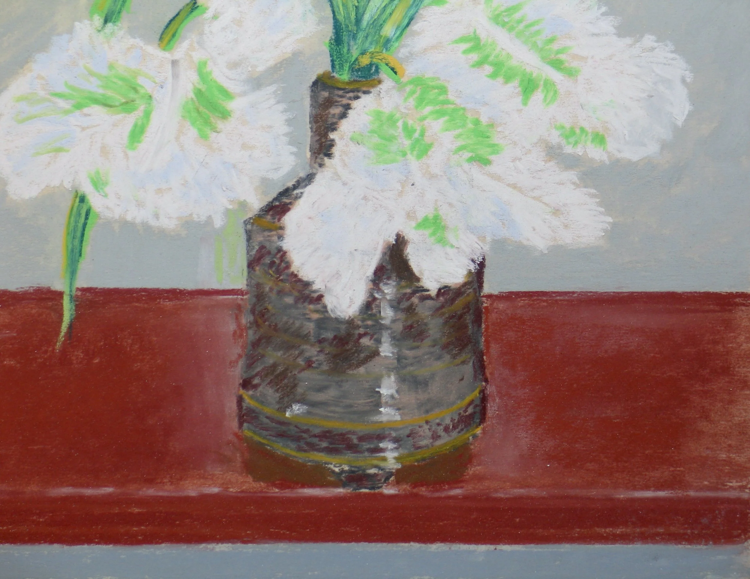 Studio pot with white tulips, soft pastel painting at galeriecy.com