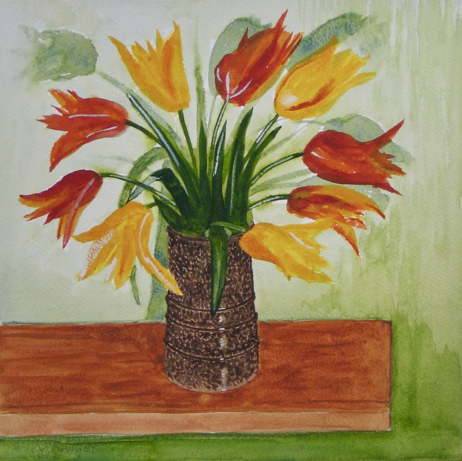 Tulips in a studio vase, watercolour painting by Cy Pawsey
