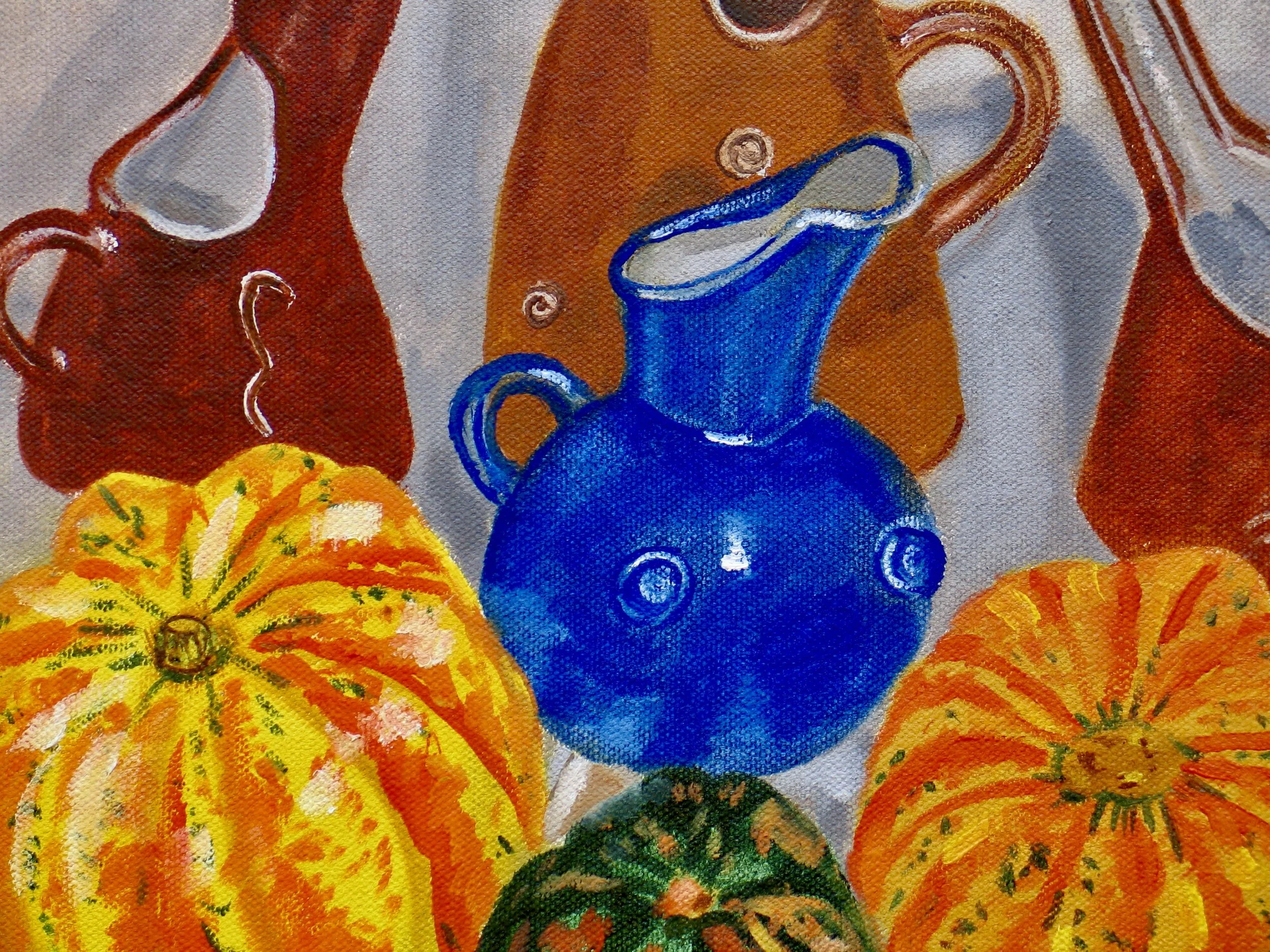 Colourful painting of jugs and gourds on deep canvas ready to hang