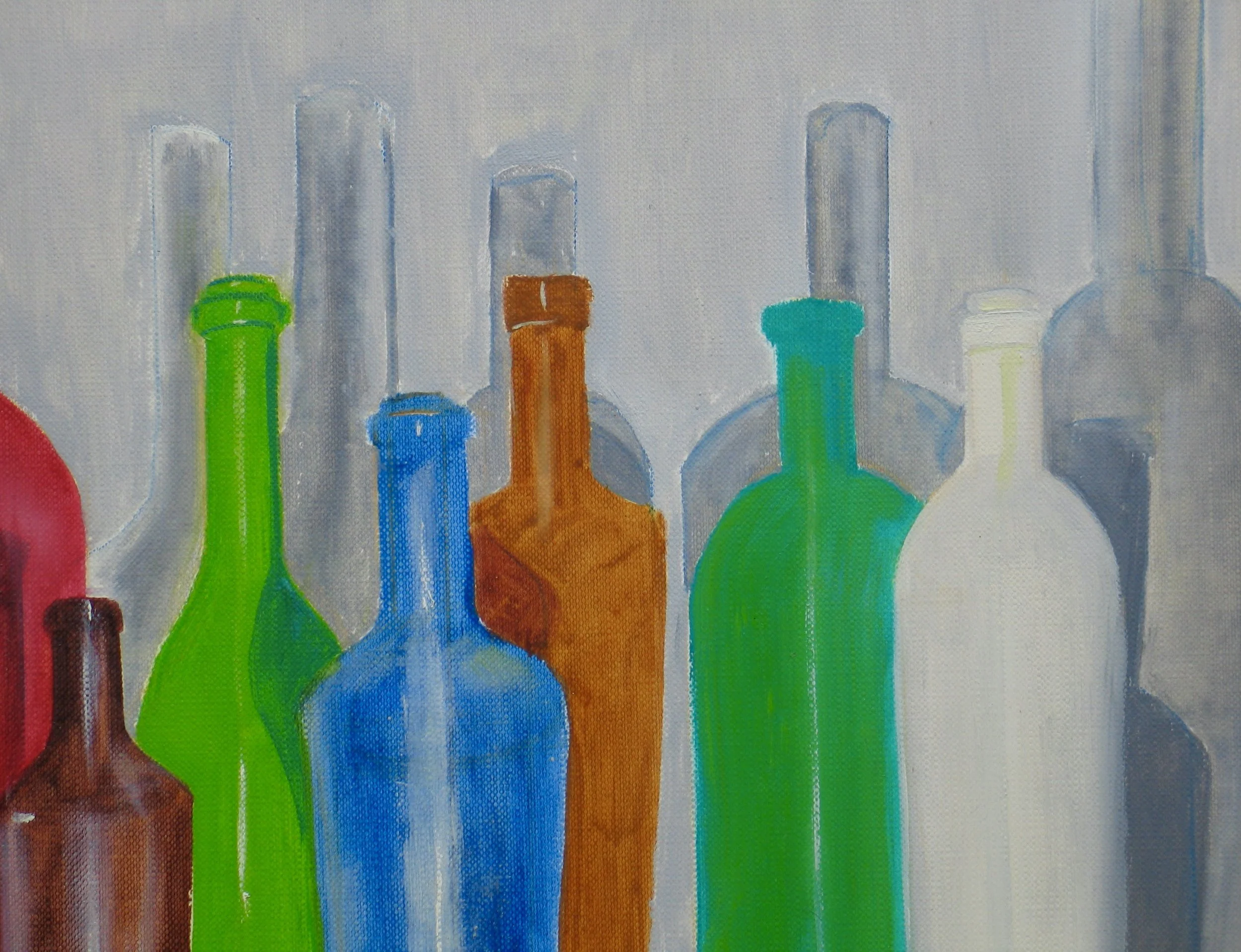 Bottle forms and shadows oil painting, detail