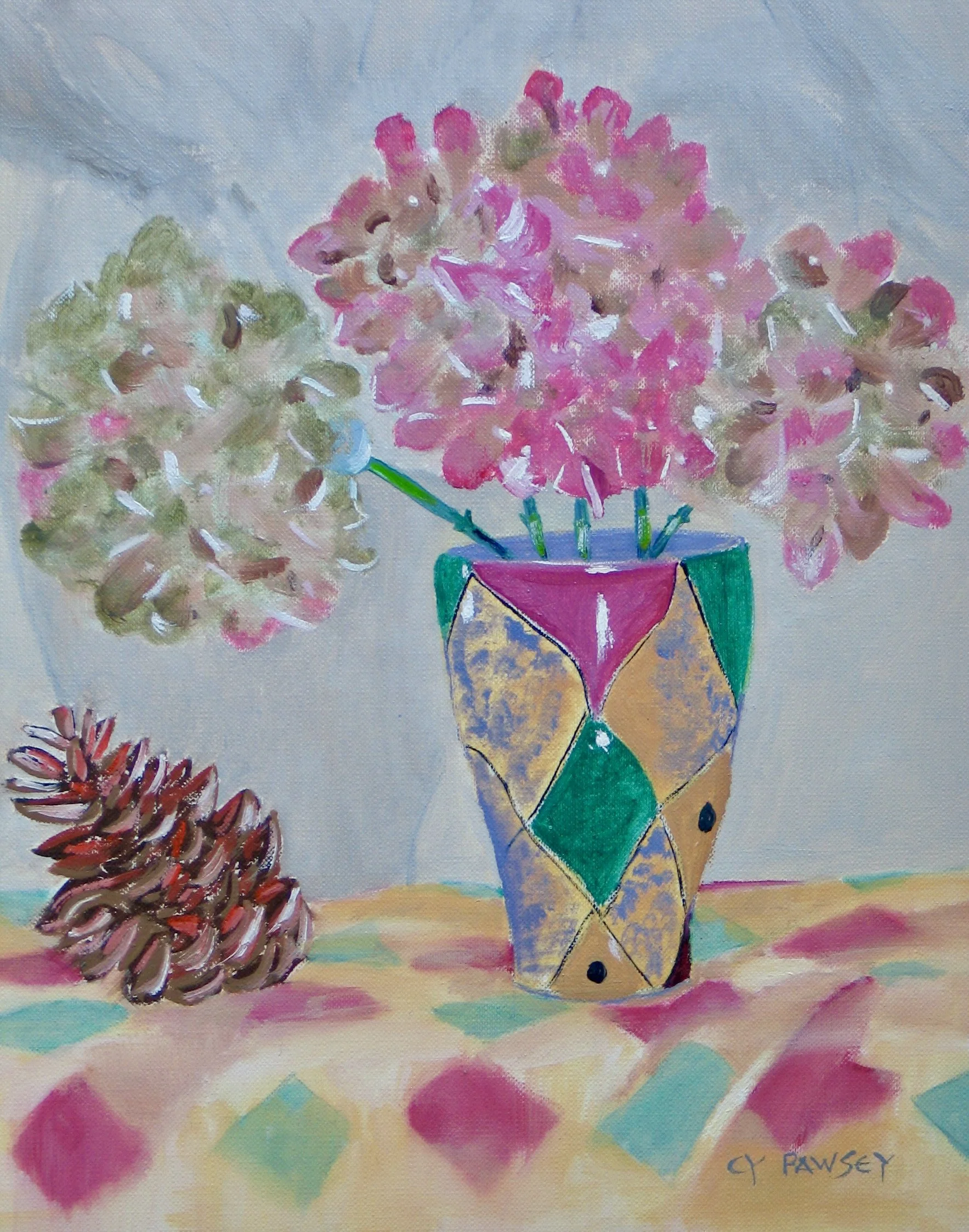 Hydrangea flowers in a still life oil painting, detail