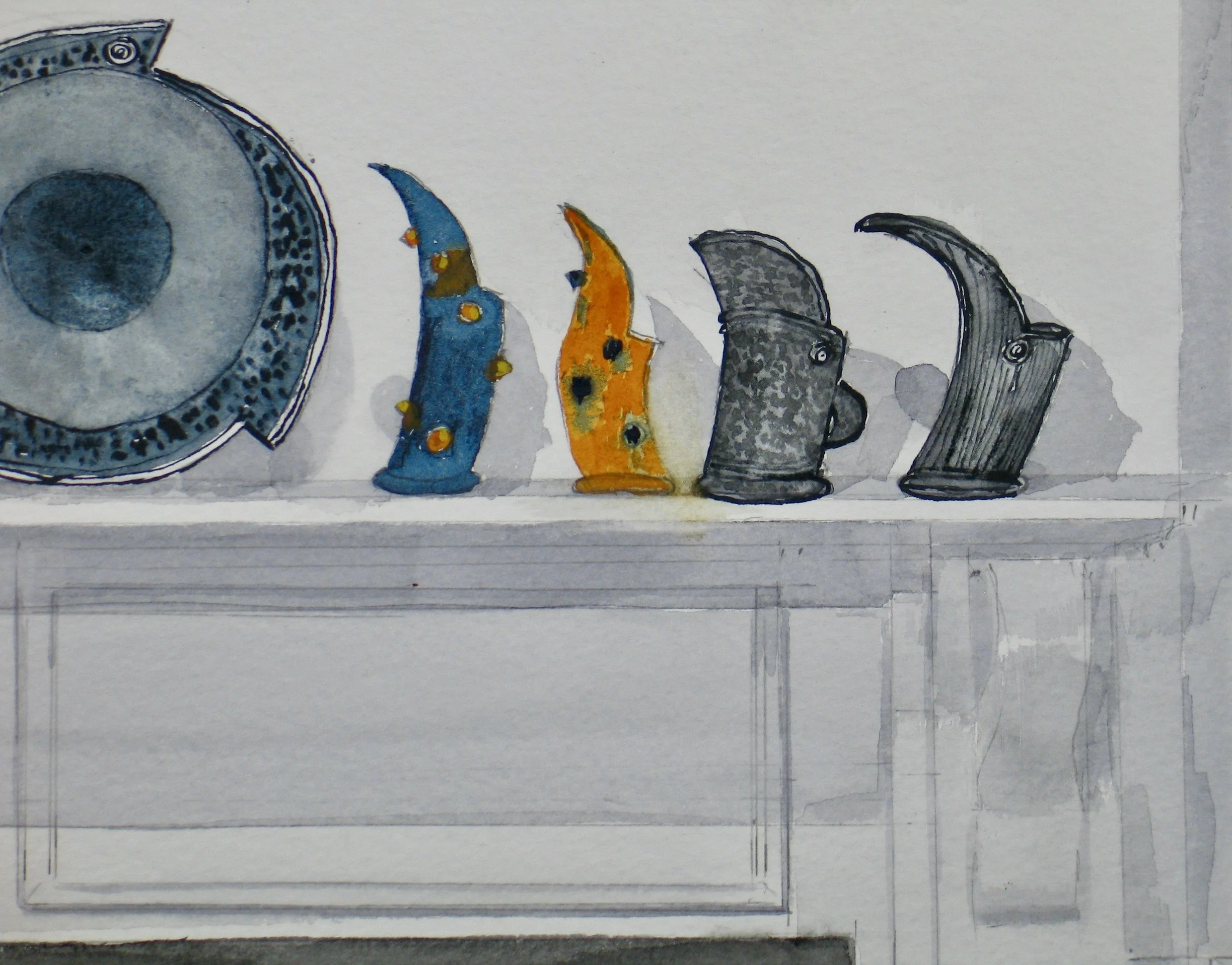 pots on a mantelpiece, watercolour detail