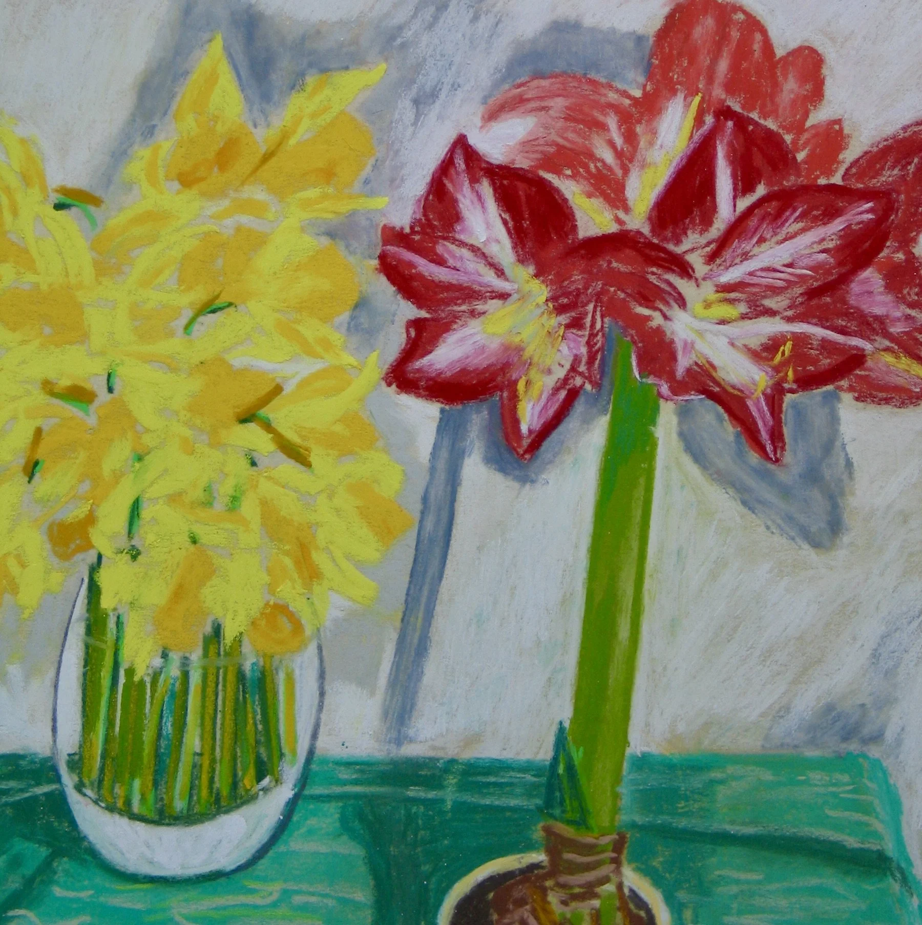 Daffodils in a vase an amaryllis in a pot painting by Cy Pawsey