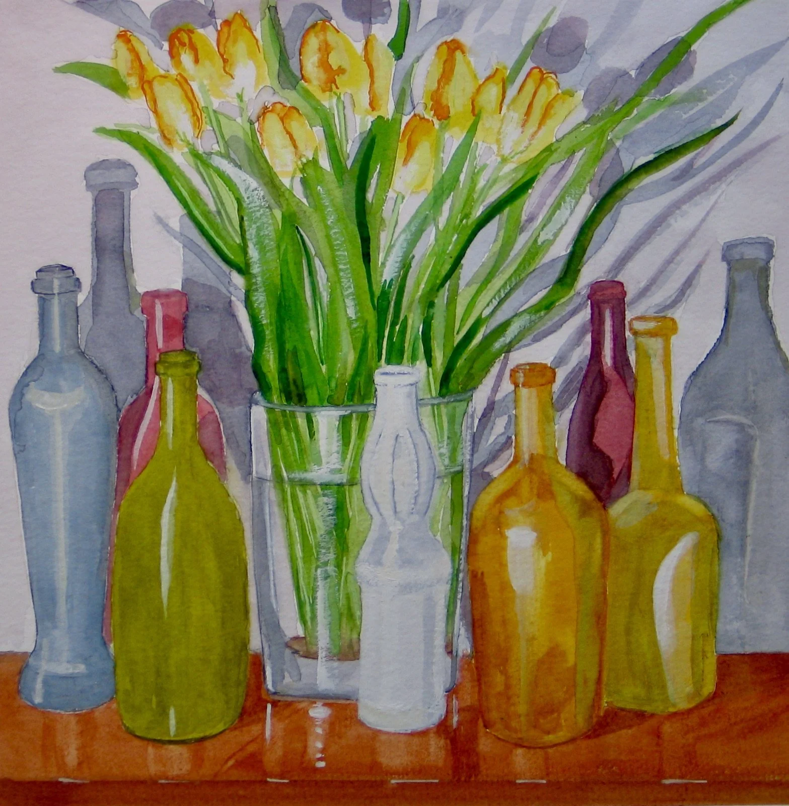Tulips and bottles, watercolour painting by Cy Pawsey
