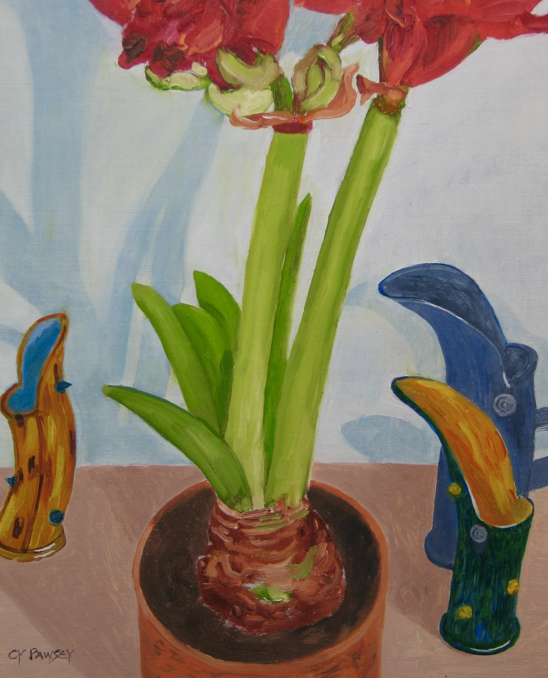 Amaryllis and three jugs oil painting, detail