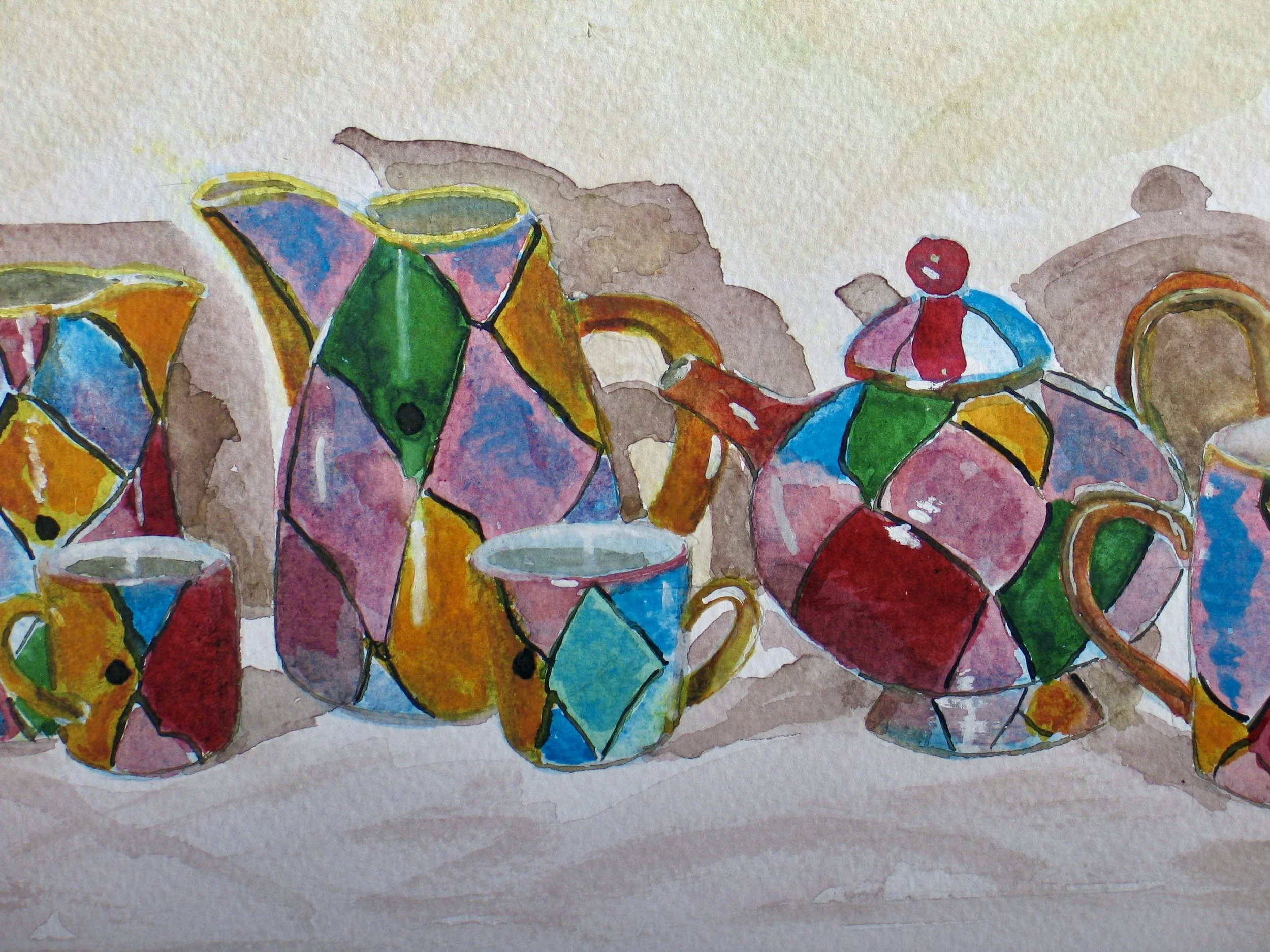 Vintage pots with handles, watercolour detail