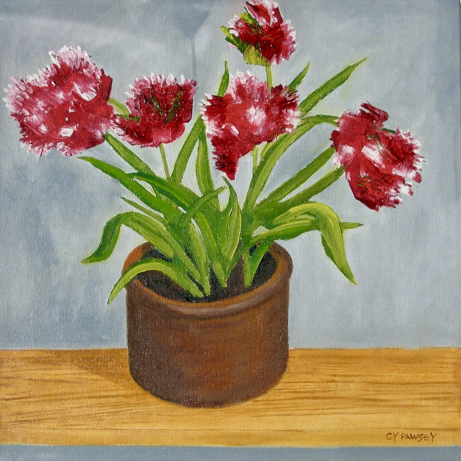 Tulips in a garden pot, oil painting for sale by Cy Pawsey