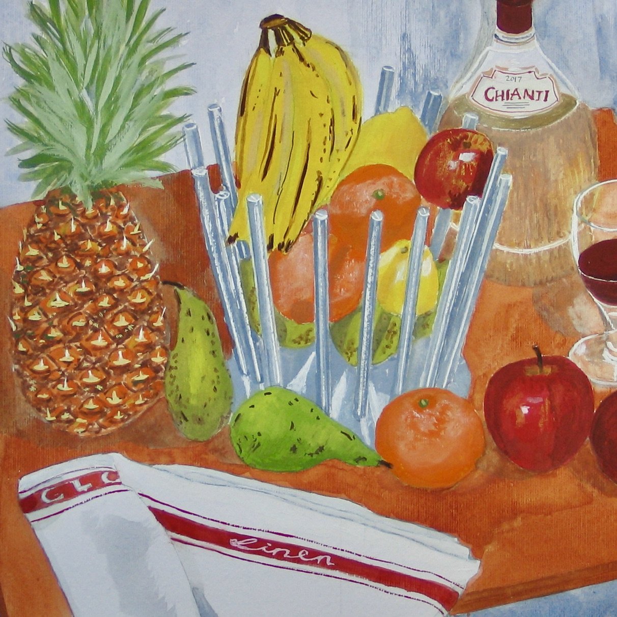 Fruit and wine painting by Cy Pawsey