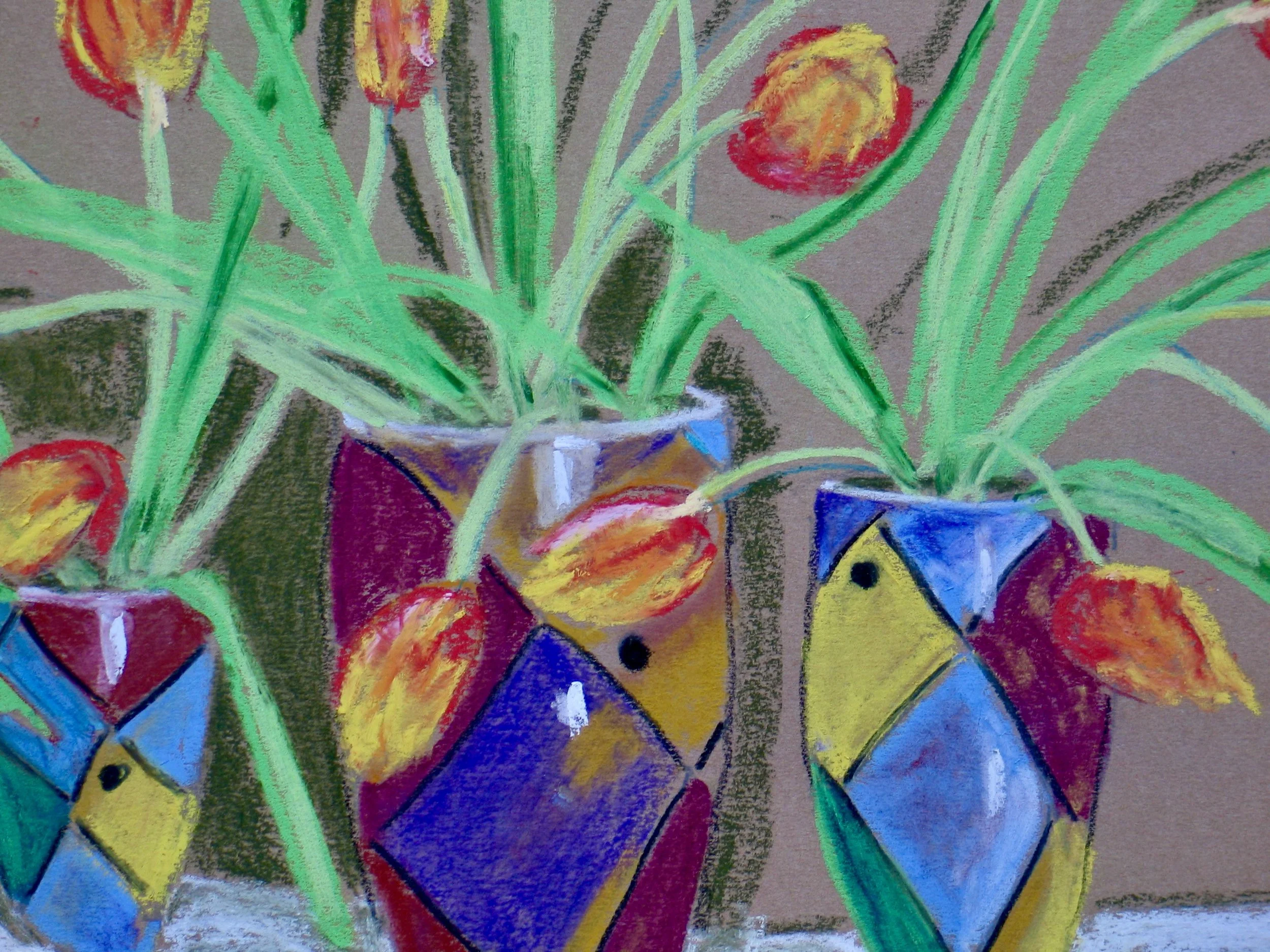 Three vintage vases with tulips, detail