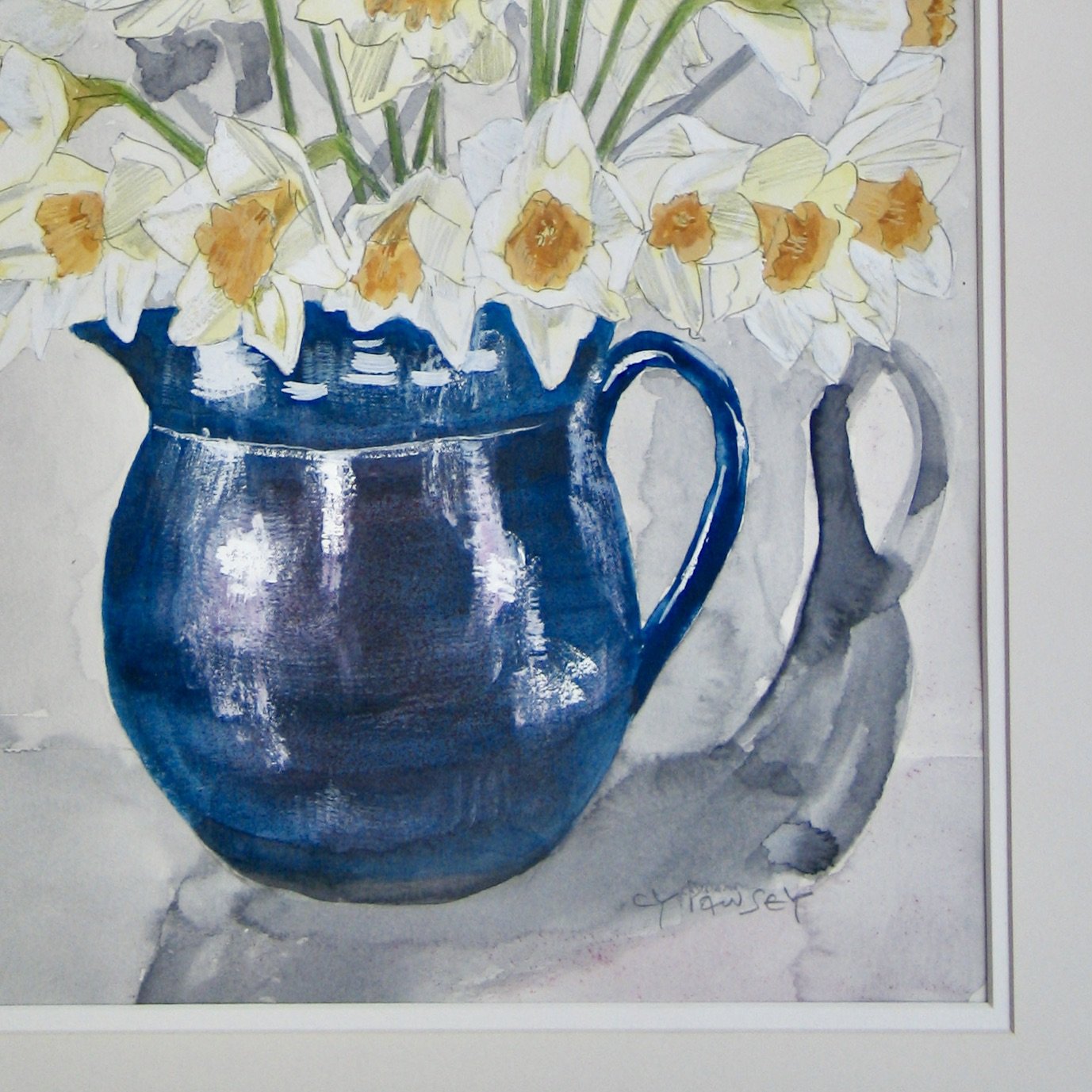Blue French cooling jug with daffodils, detail from painting at galeriecy.com