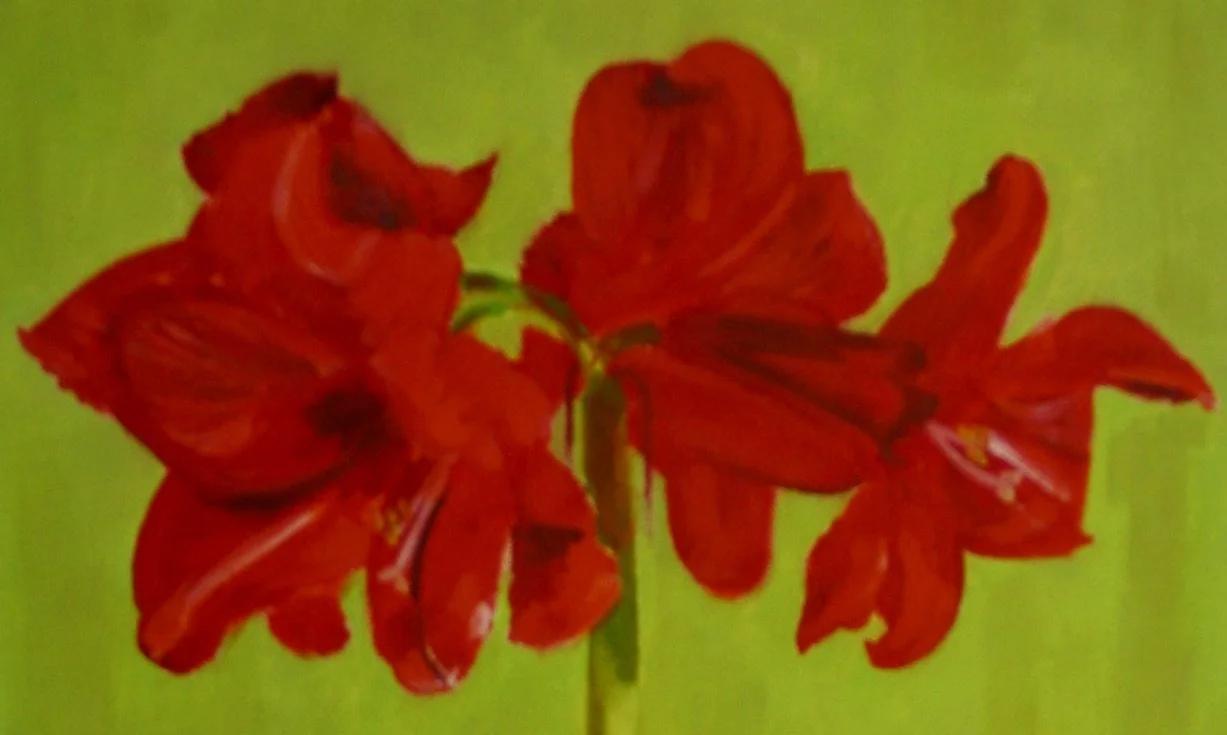 Red amaryllis oil painting, detail