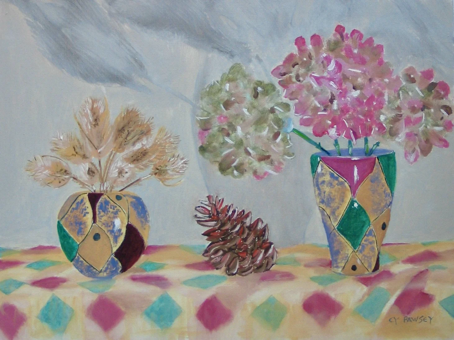 Still life painting of pots with hydrangeas and thistles by Cy Pawsey