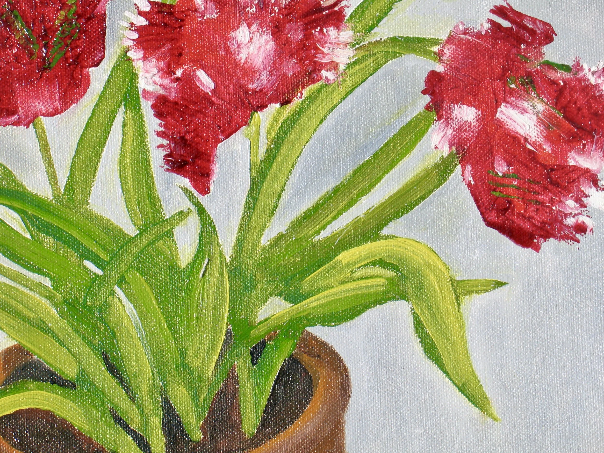 Tulips in a garden pot, detail of an oil painting for sale at galeriecy.com