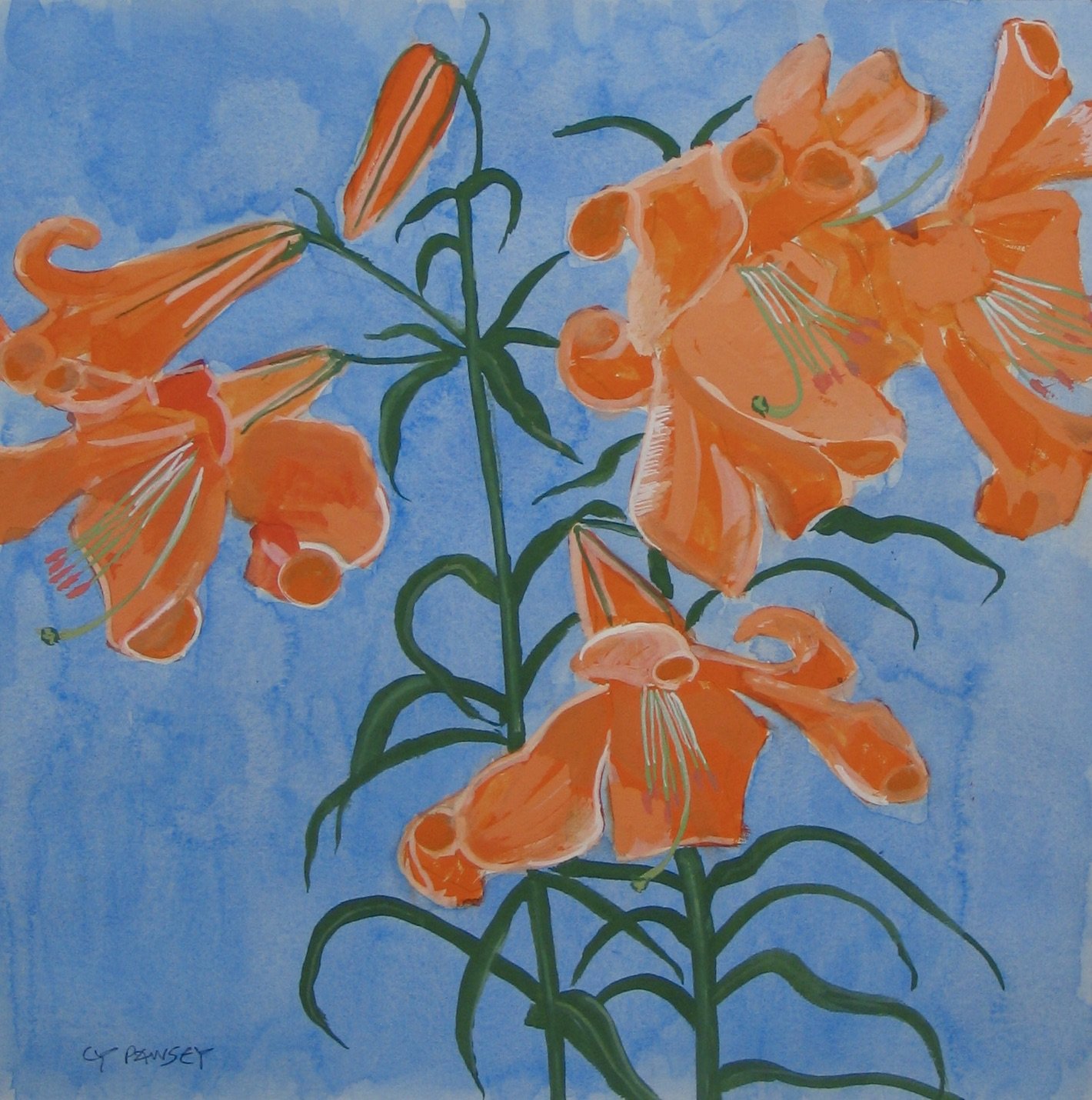 Orange lily flower gouache painting