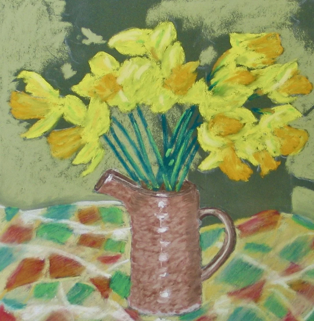 Daffodils, jug and fabric still life pastel painting by Cy Pawsey