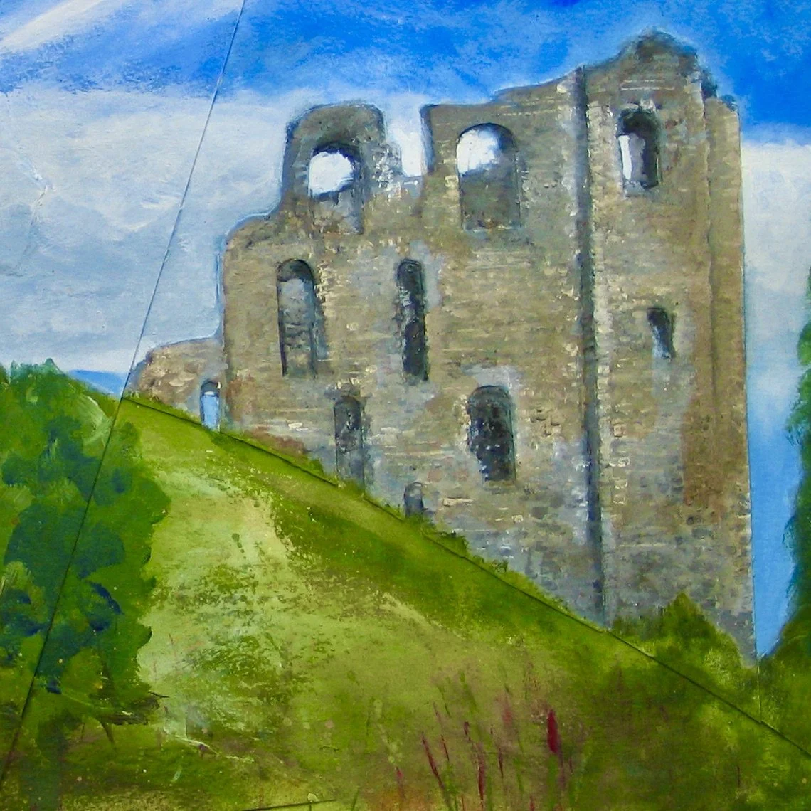 Clun Castle ruins painted in acrylic by Cy Pawsey