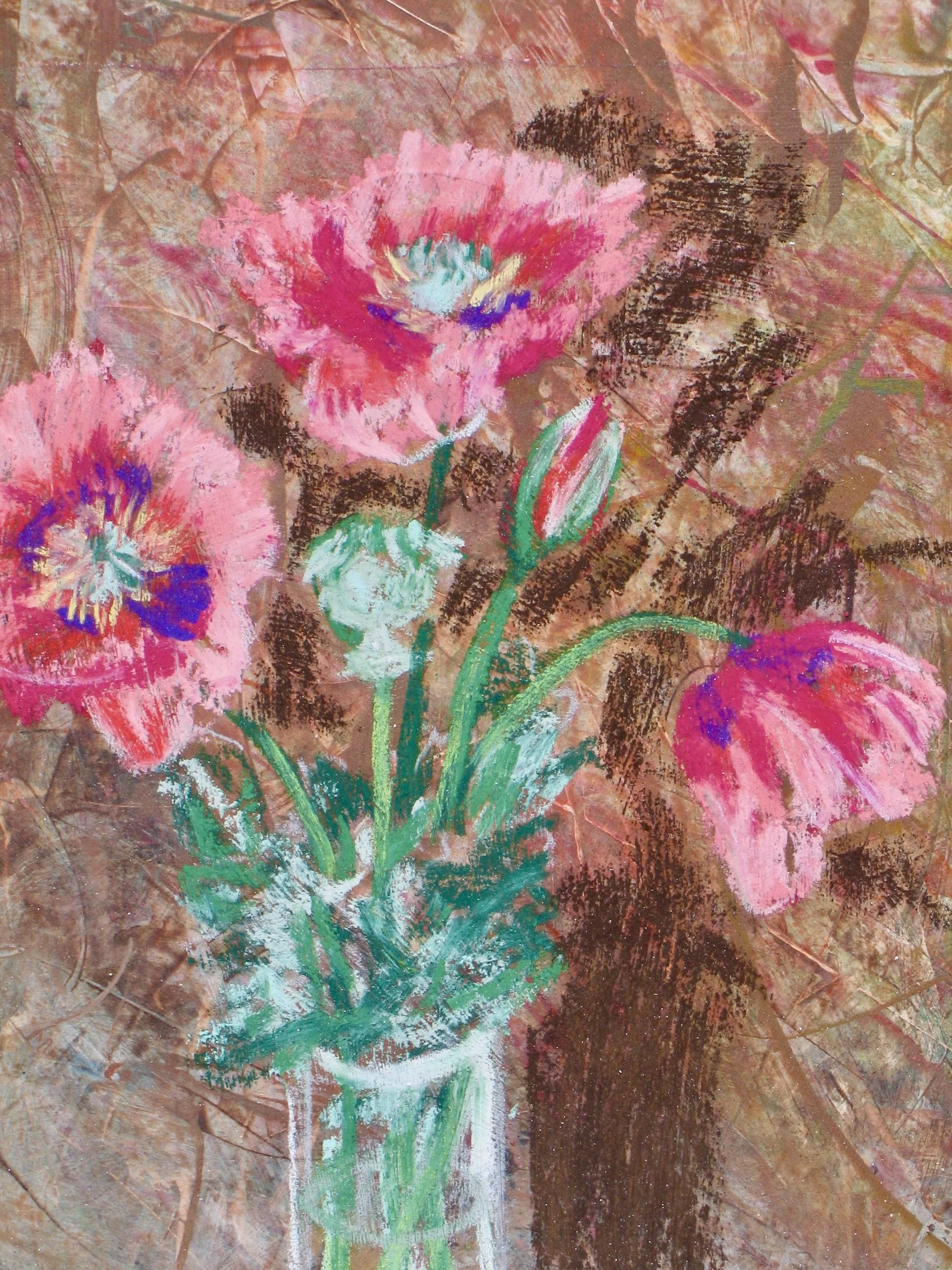 Poppies in a vase, small painting by Cy Pawsey at galeriecy.com