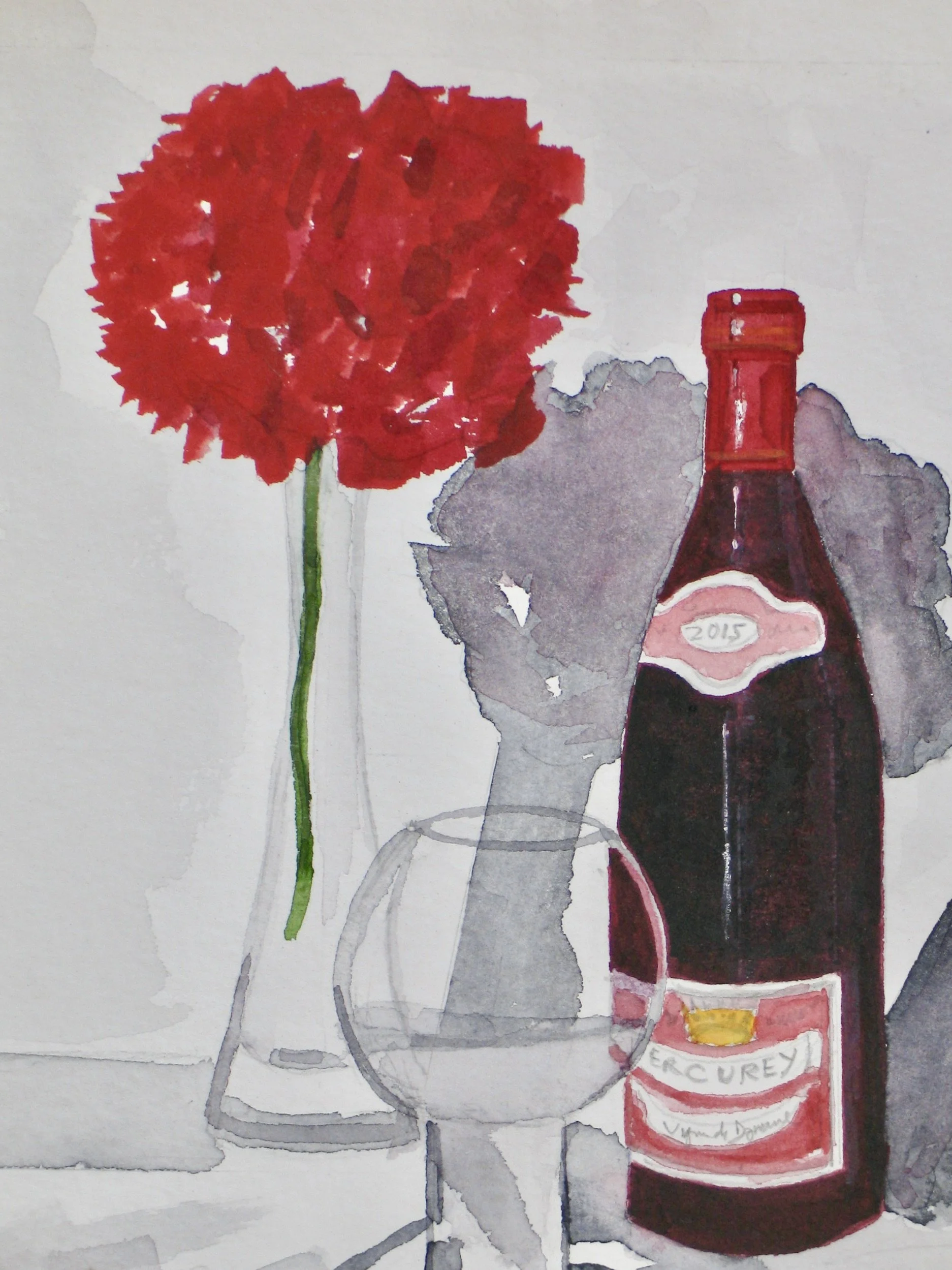 Red study with flower ad wine, detail from watercolour painting by Cy Pawsey