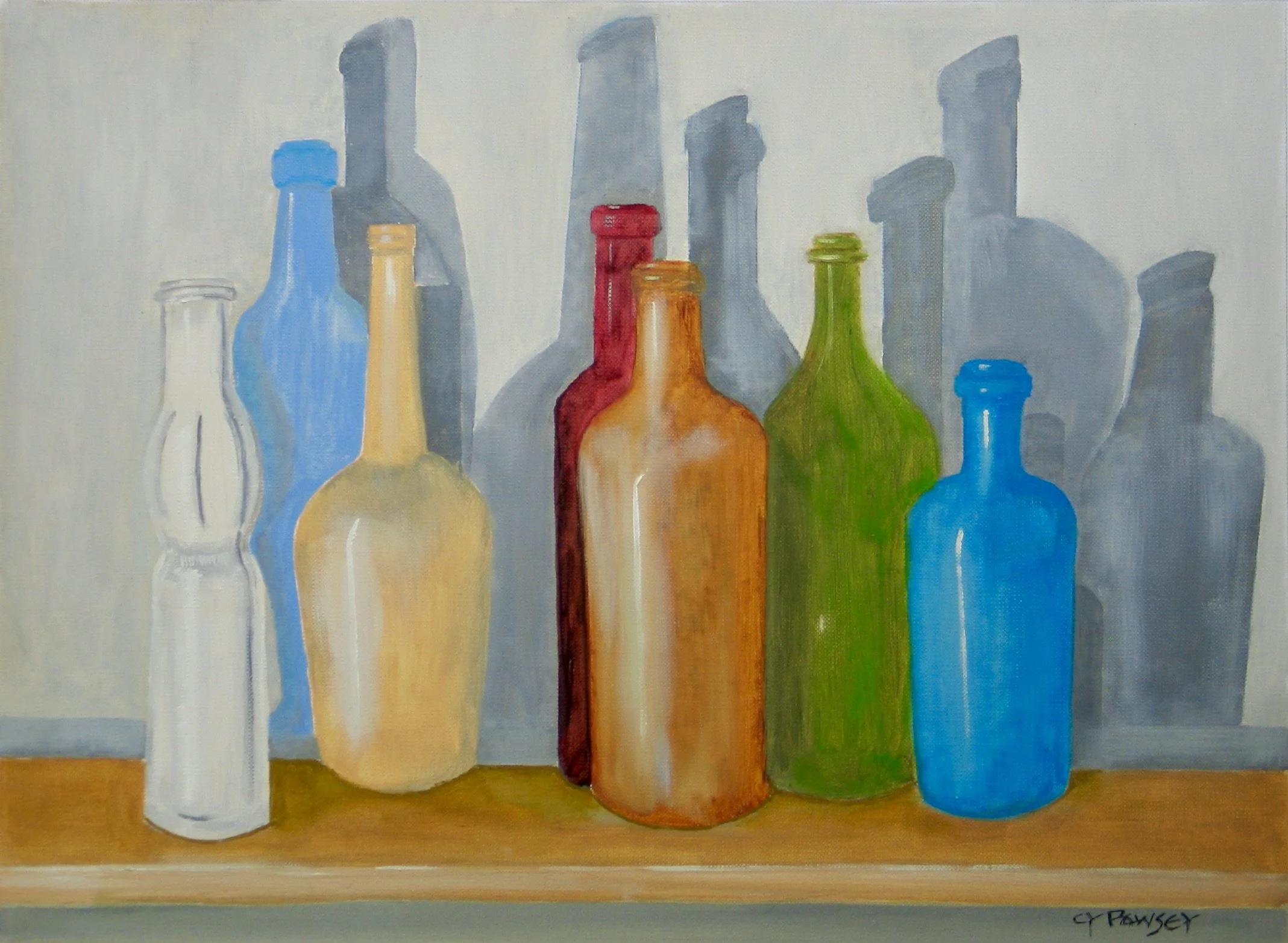 Bottle forms and shadows - oil painting by Cy Pawsey